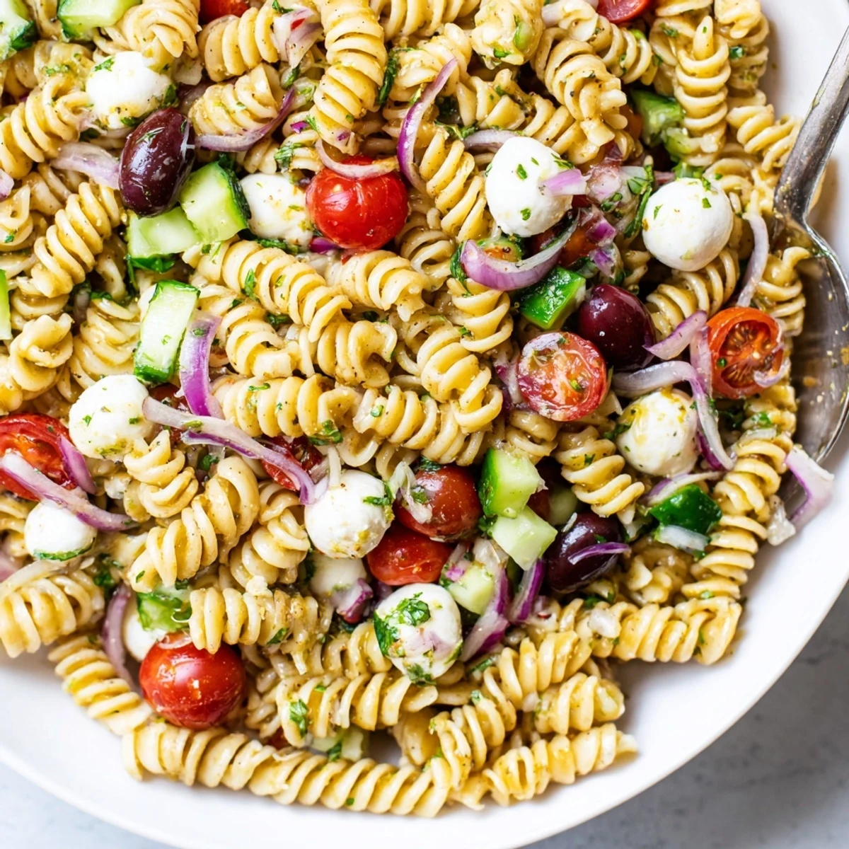 Fork ready Gluten Free Italian Pasta Salad Recipe with juicy cherry tomatoes, crunchy cucumber