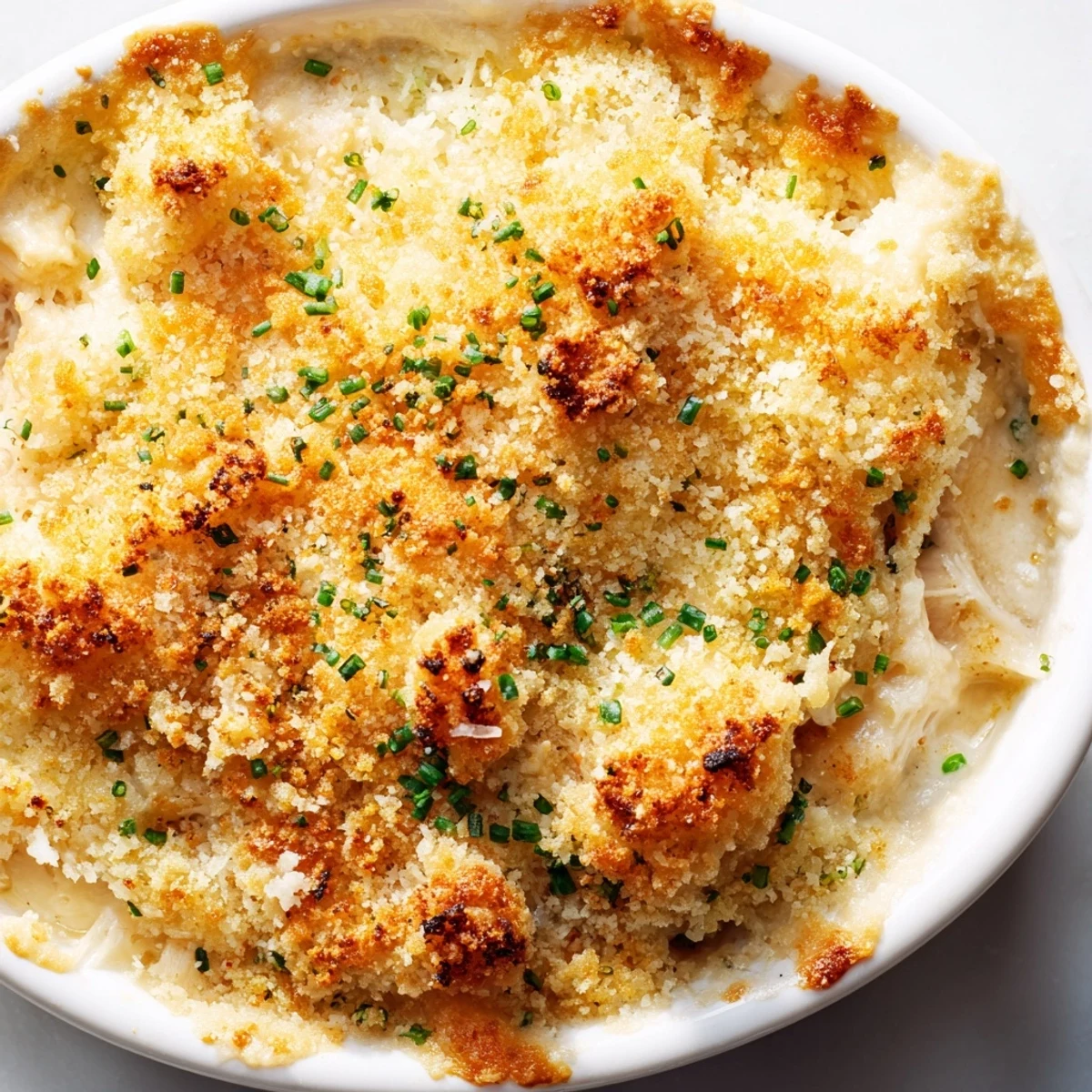 Creamy Cheesy Jumbo Lump Crab Au Gratin topped with crispy panko and fresh chives