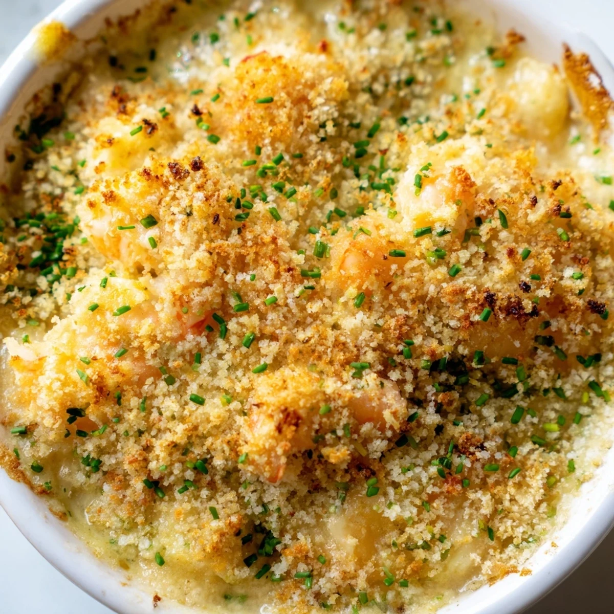 Golden bubbling Cheesy Jumbo Lump Crab Au Gratin fresh from the oven in a ceramic dish