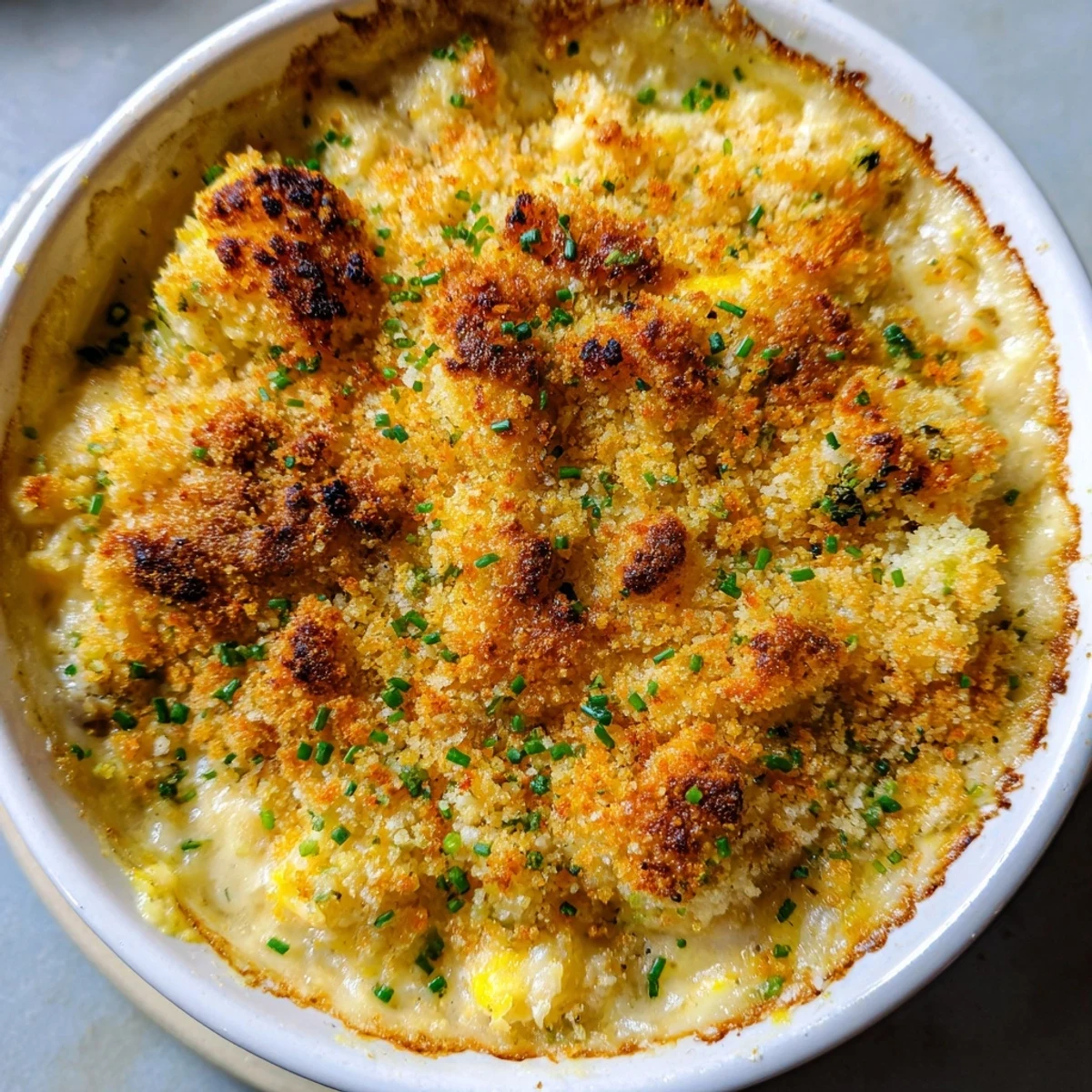 Spoonful of Cheesy Jumbo Lump Crab Au Gratin served in a ramekin with lemon wedges