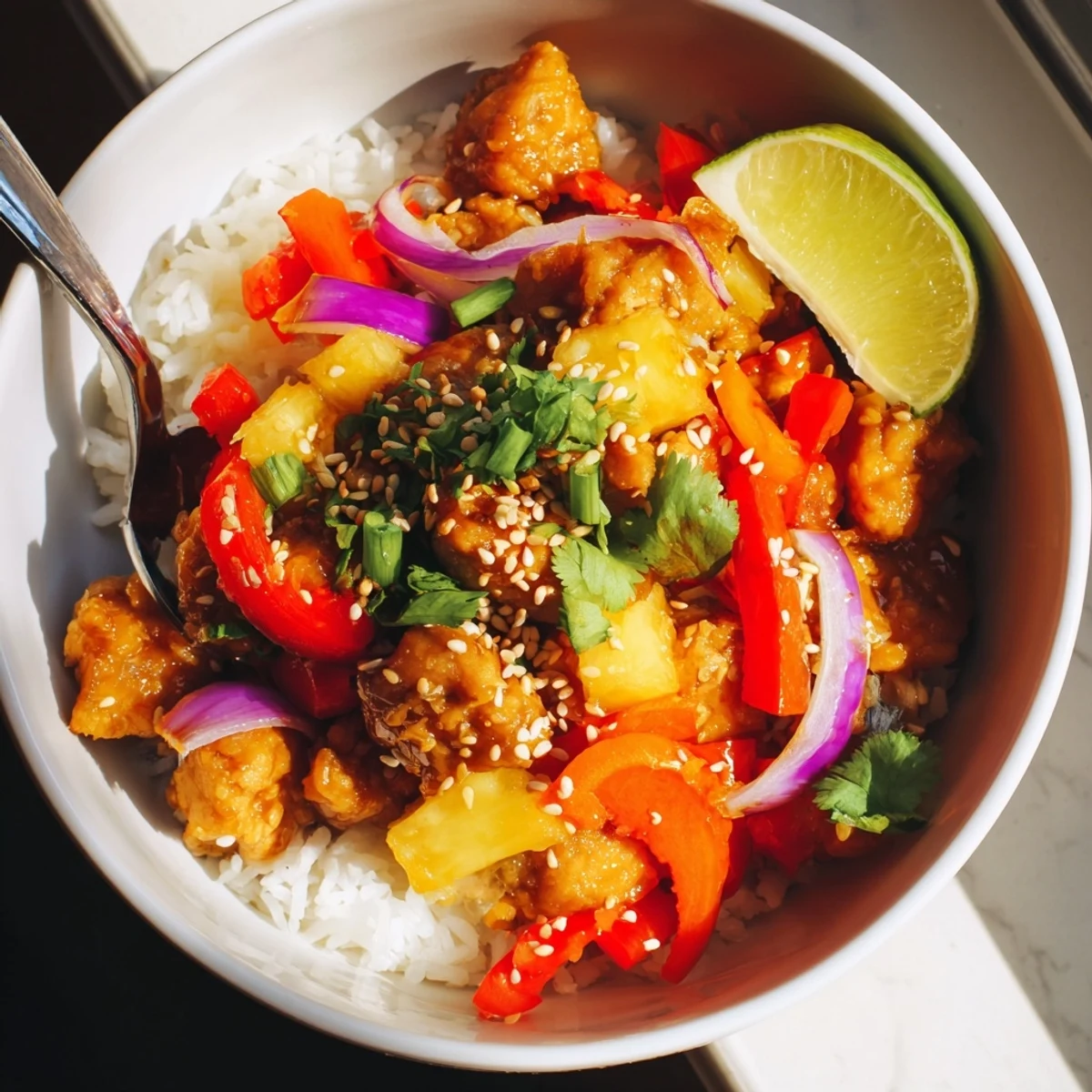 Golden pineapple chicken rice bowl topped with sesame seeds and fresh cilantro