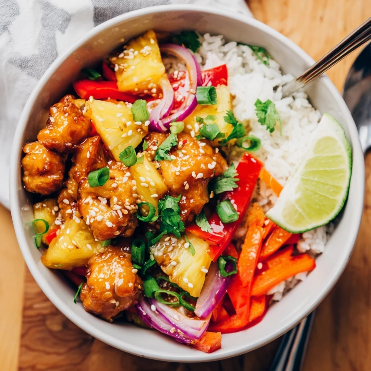 Juicy pineapple chicken rice bowl served over fluffy jasmine rice with colorful vegetables