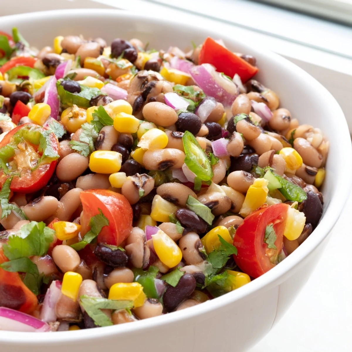 Colorful Cowboy Caviar in a rustic bowl, studded with black beans and crisp peppers