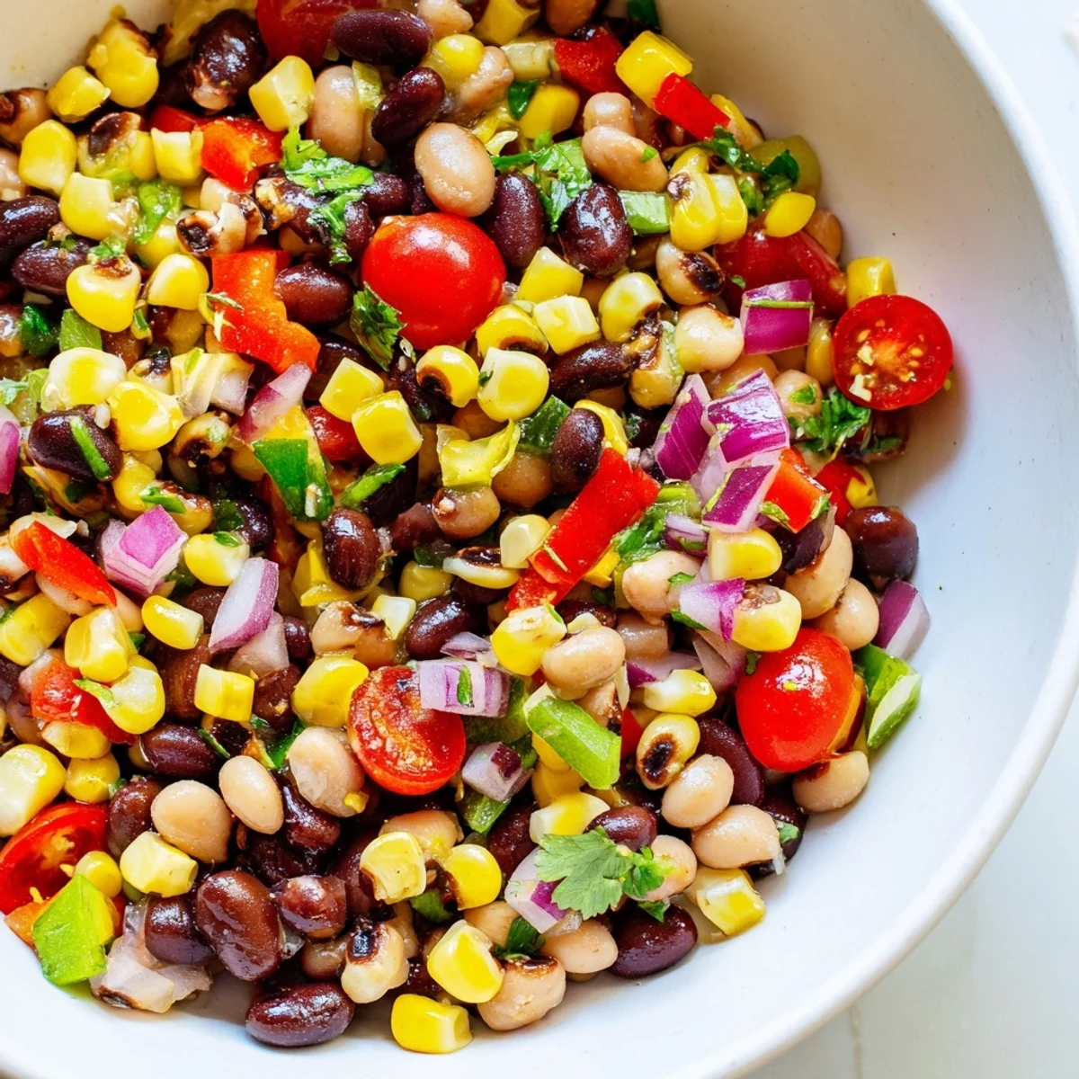 Cowboy Caviar scooped up with golden tortilla chips at a sunny backyard party