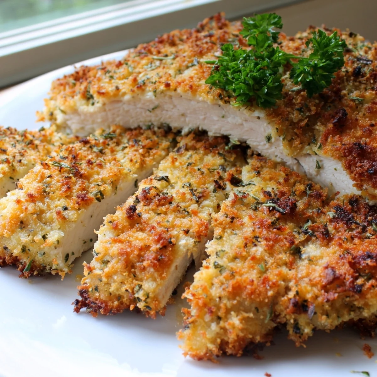 Golden crispy Savory Herbed Parmesan Chicken on a parchment-lined baking sheet fresh from the oven