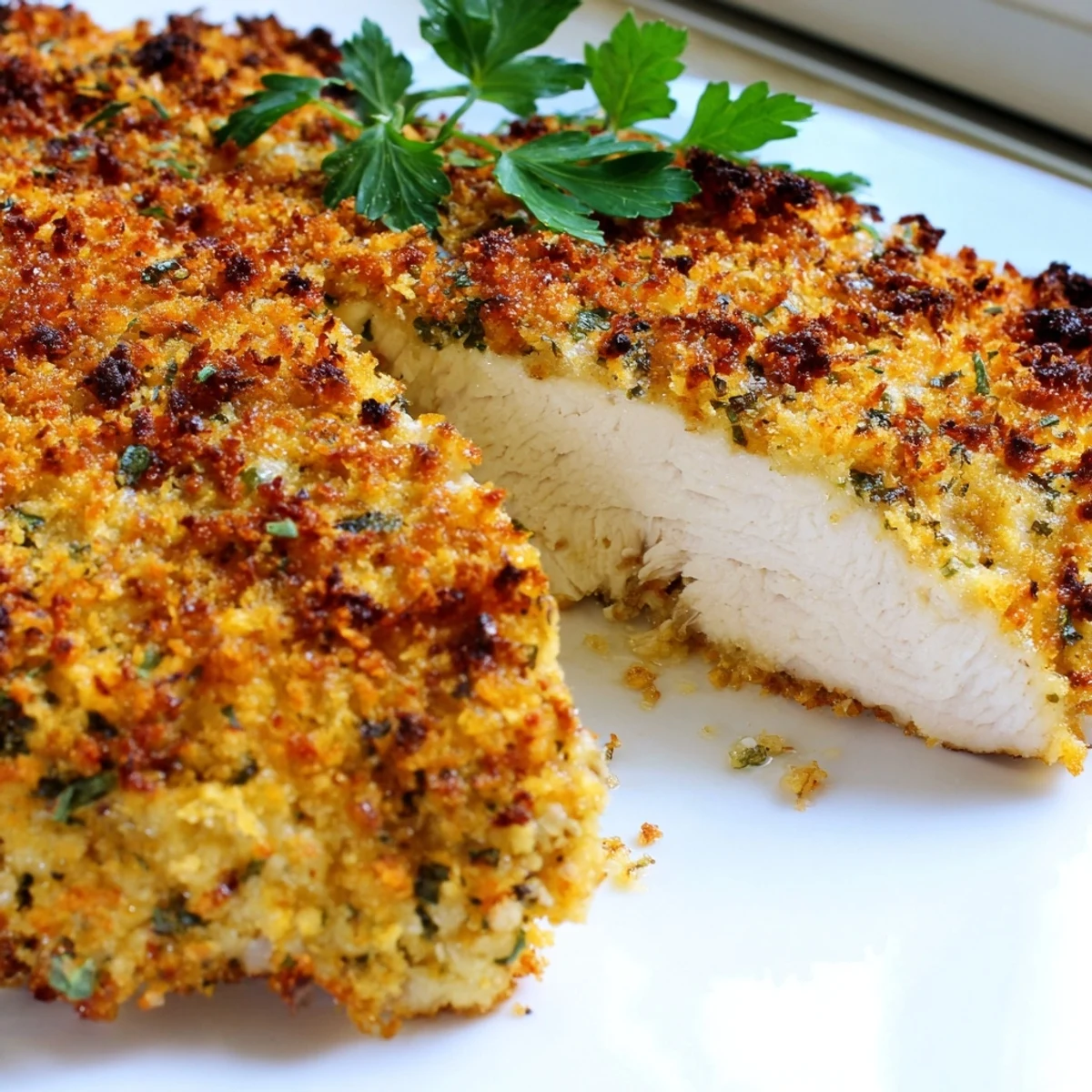 Juicy Savory Herbed Parmesan Chicken sliced open revealing tender meat with a crispy herb crust