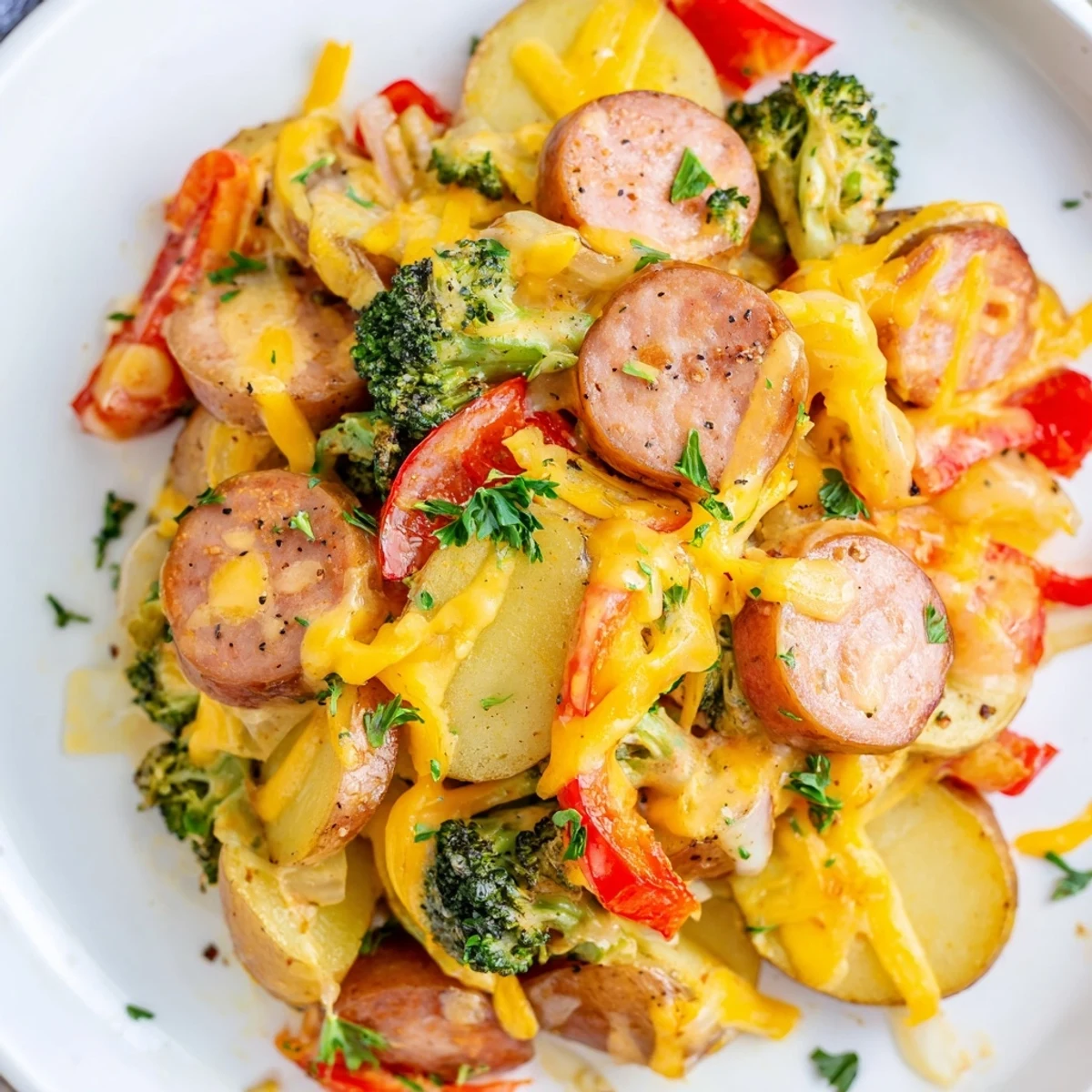 Steaming Cheesy Kielbasa Skillet topped with colorful bell peppers and gooey cheese