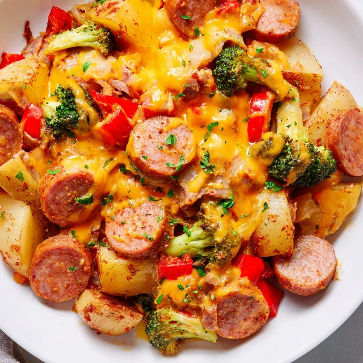 Cheesy Kielbasa Skillet with golden potatoes and melted cheddar in cast iron pan