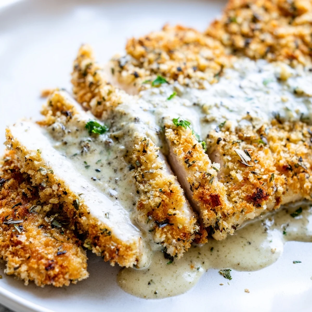 Golden crispy Parmesan chicken with creamy garlic sauce on a white plate