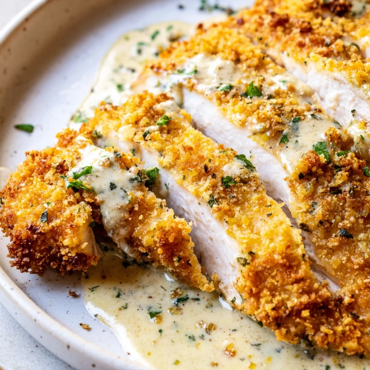 Breaded crispy Parmesan chicken with creamy garlic sauce drizzled and garnished with parsley