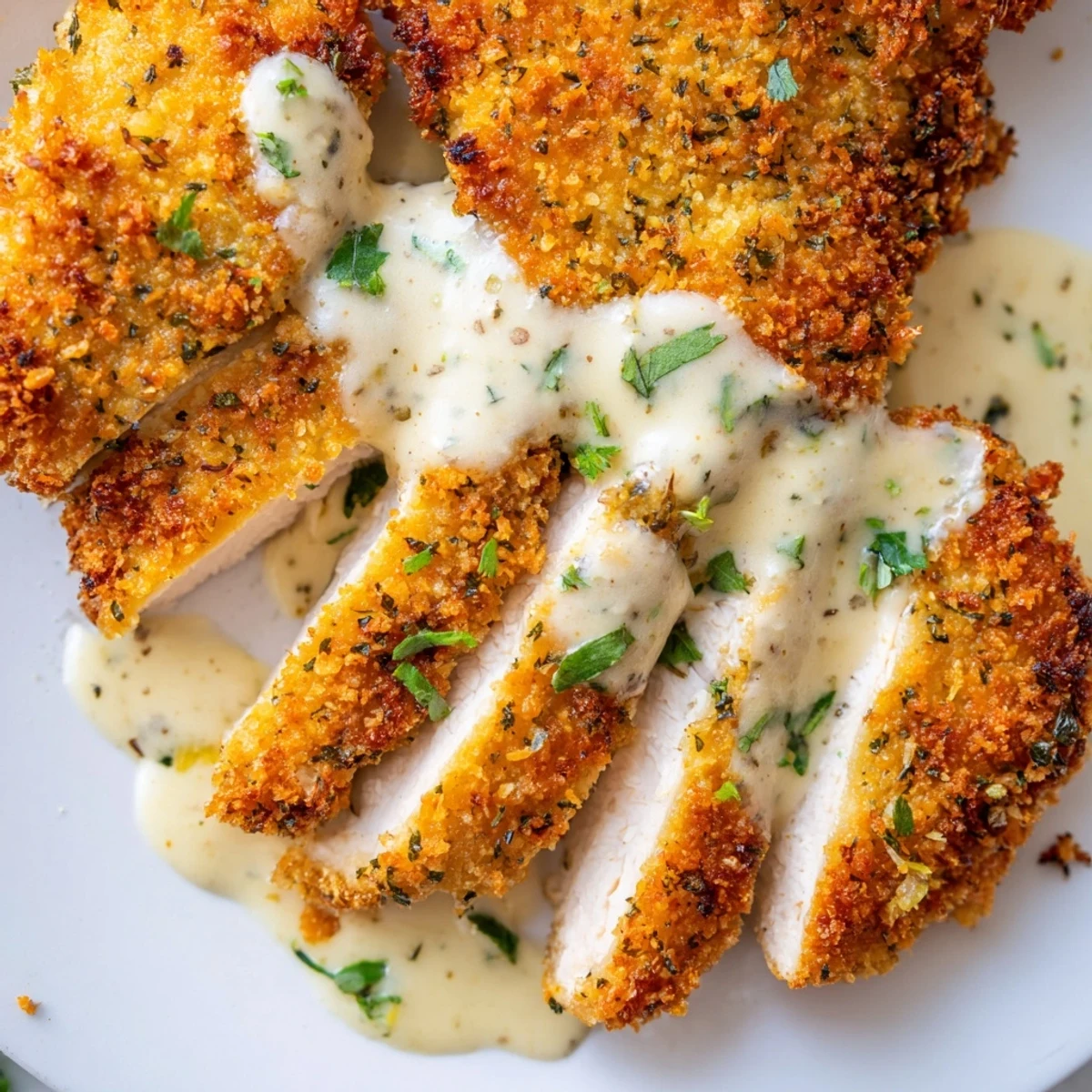 Crispy Parmesan chicken with creamy garlic sauce served over buttery mashed potatoes