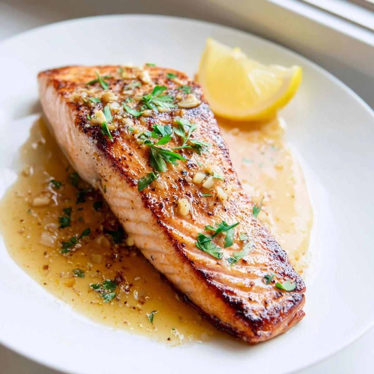 Golden pan-seared garlic butter salmon drizzled with rich, fragrant lemon herb sauce