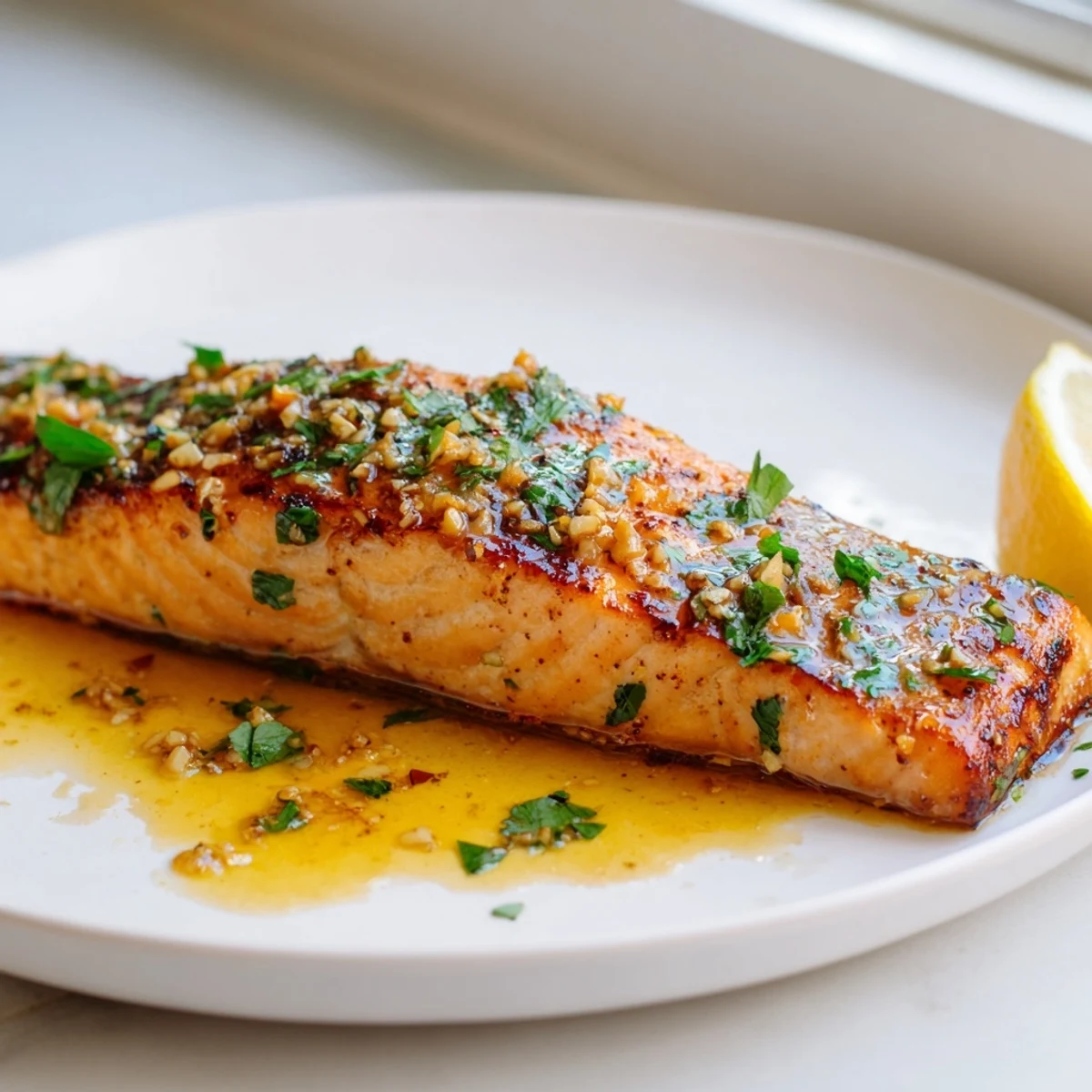 Sizzling garlic butter salmon fillets glistening in a cast iron skillet