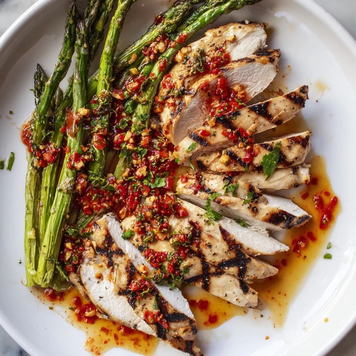 Juicy grilled asparagus chicken drizzled with vibrant Calabrian chili sauce on a white plate