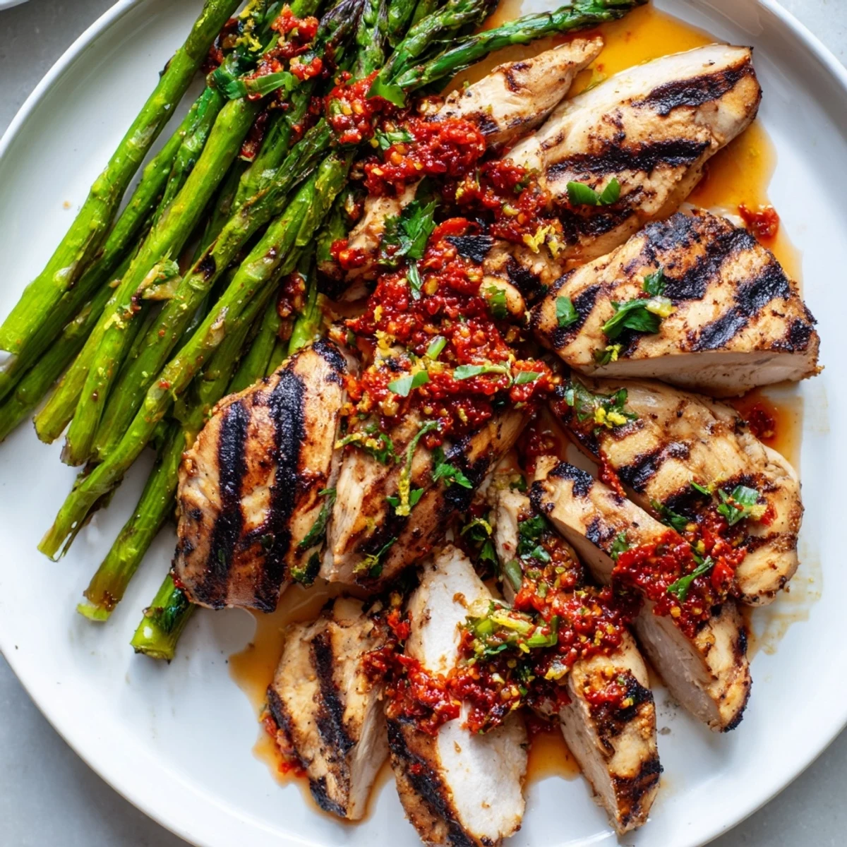 Tender grilled asparagus chicken topped with spicy red Calabrian chili sauce and fresh parsley