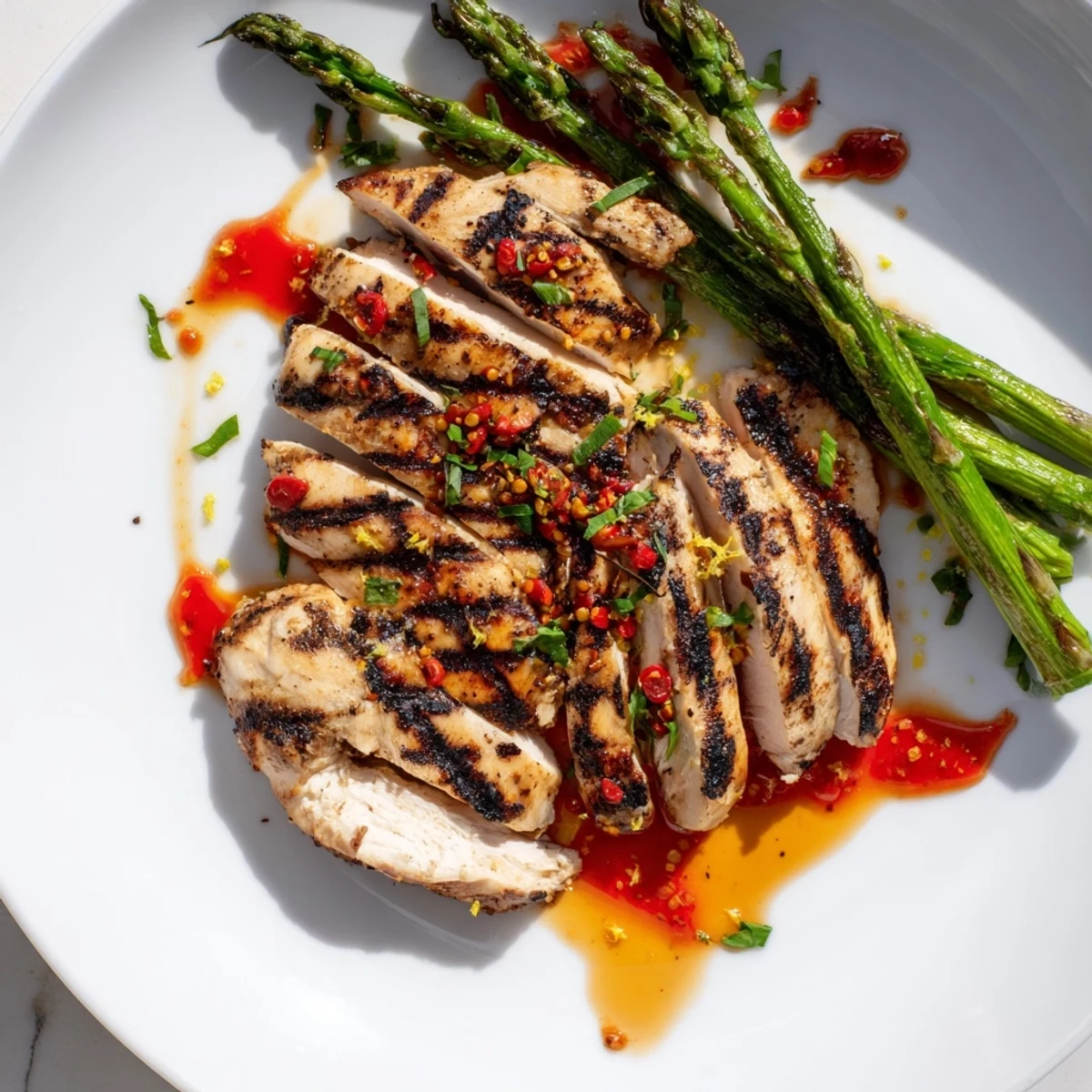 Charred asparagus chicken breasts resting on a wooden board with glossy Calabrian chili sauce