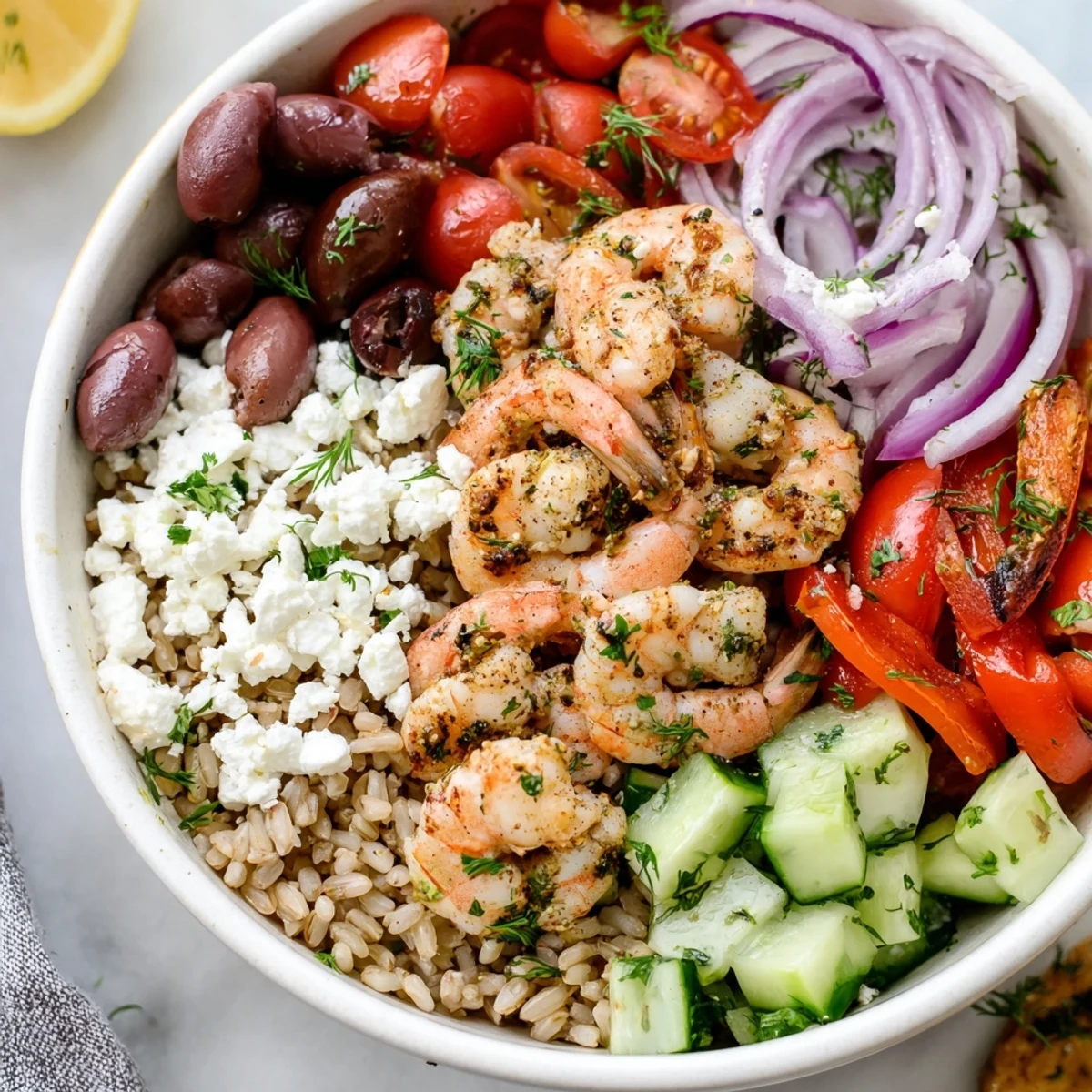 Juicy Greek Shrimp Mediterranean Bowl loaded with fresh veggies and crumbled feta cheese