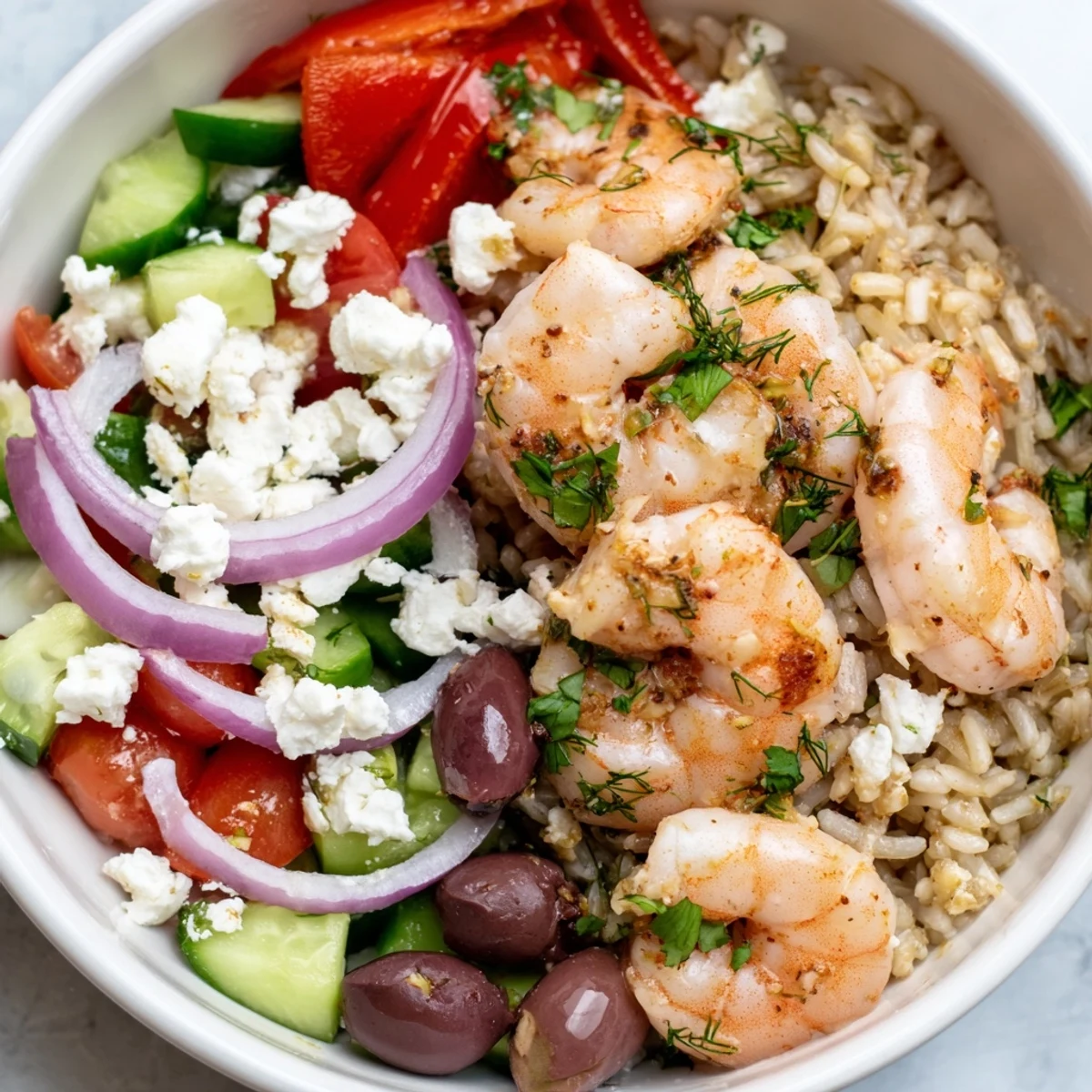 Golden seared shrimp atop a colorful Greek Shrimp Mediterranean Bowl with lemon herb dressing