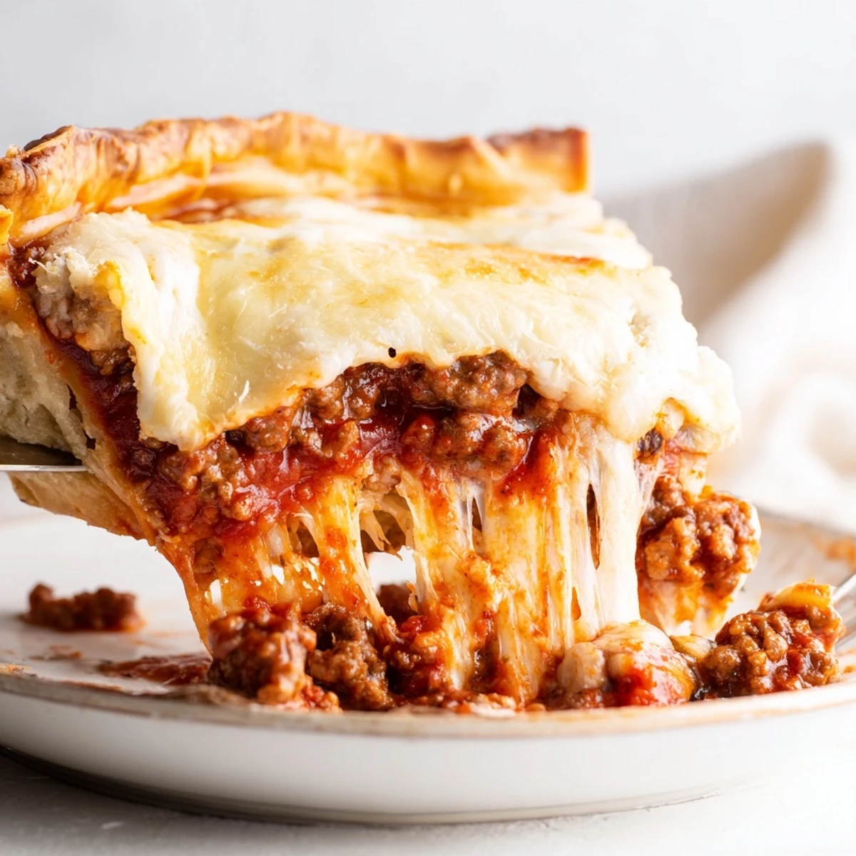 Golden baked cheesy lasagna pie with bubbling mozzarella and rich meat sauce layers