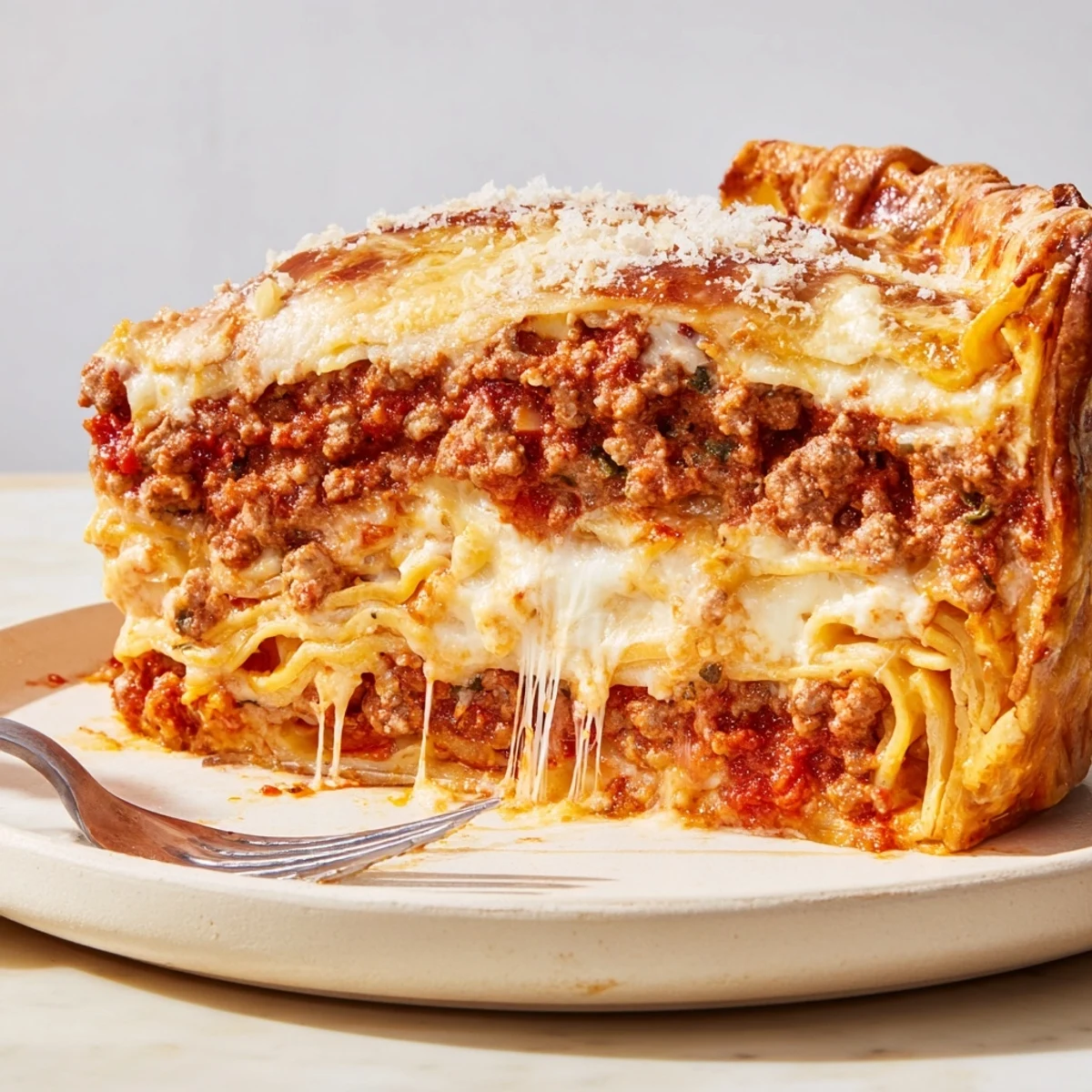 Creamy ricotta and gooey mozzarella stretch from a slice of lasagna pie