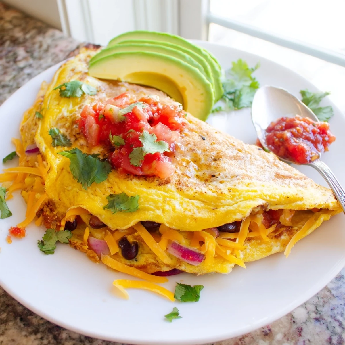 Golden Mexican omelette folded over melted cheese, beans, and vibrant sautéed vegetables