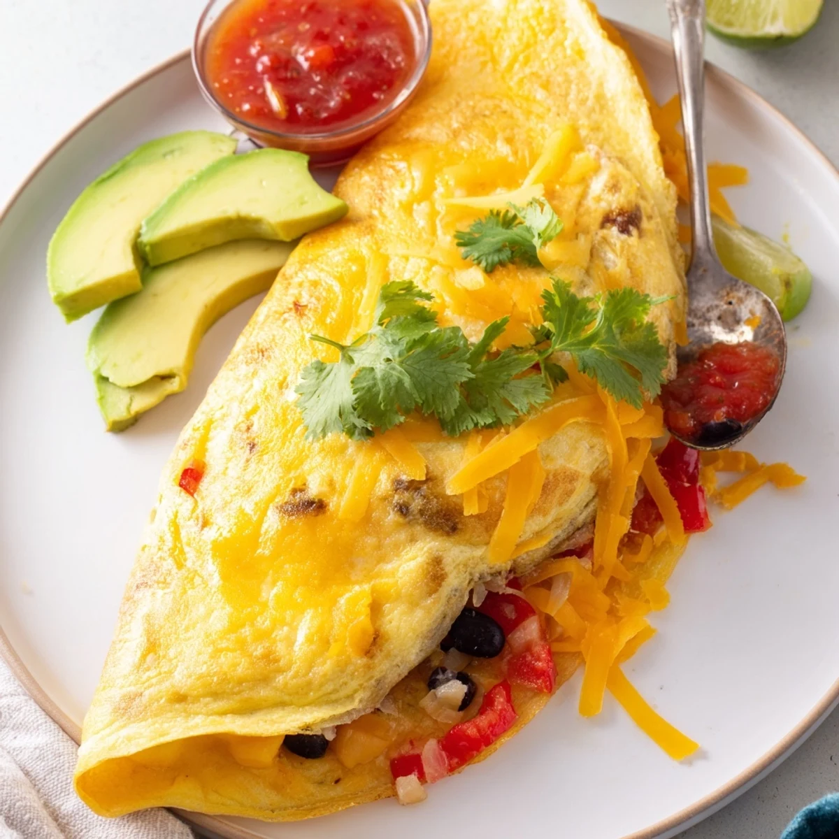 Fluffy Mexican omelette topped with fresh avocado slices, salsa, and bright cilantro garnish