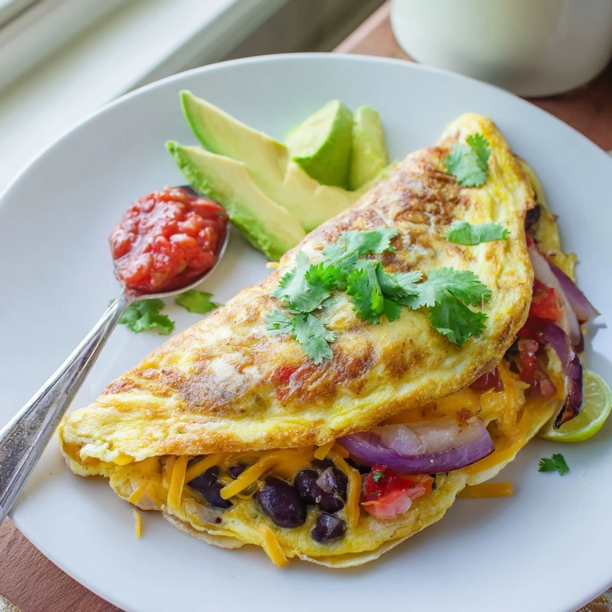 Steaming Mexican omelette stuffed with black beans, peppers, and gooey cheddar on a white plate