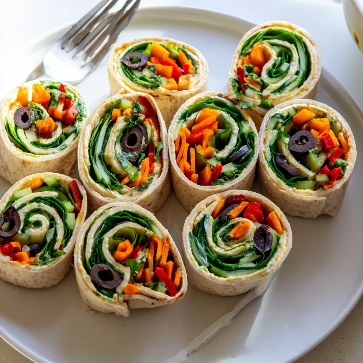 Colorful vegan hummus veggie pinwheels sliced into spirals on a rustic wooden serving board