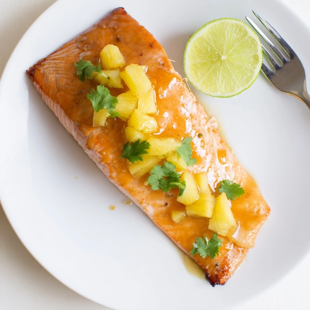 Glistening honey pineapple glazed salmon fresh from the oven with golden caramelized edges