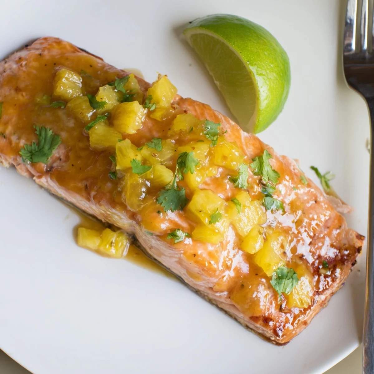 Juicy honey pineapple glazed salmon fillet topped with bright diced pineapple and cilantro