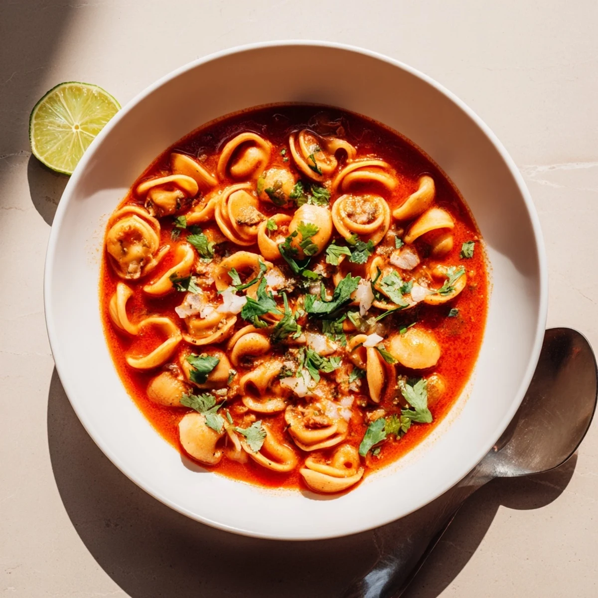 Steaming bowl of sopa de conchas with golden shells in rich tomato broth topped with cilantro