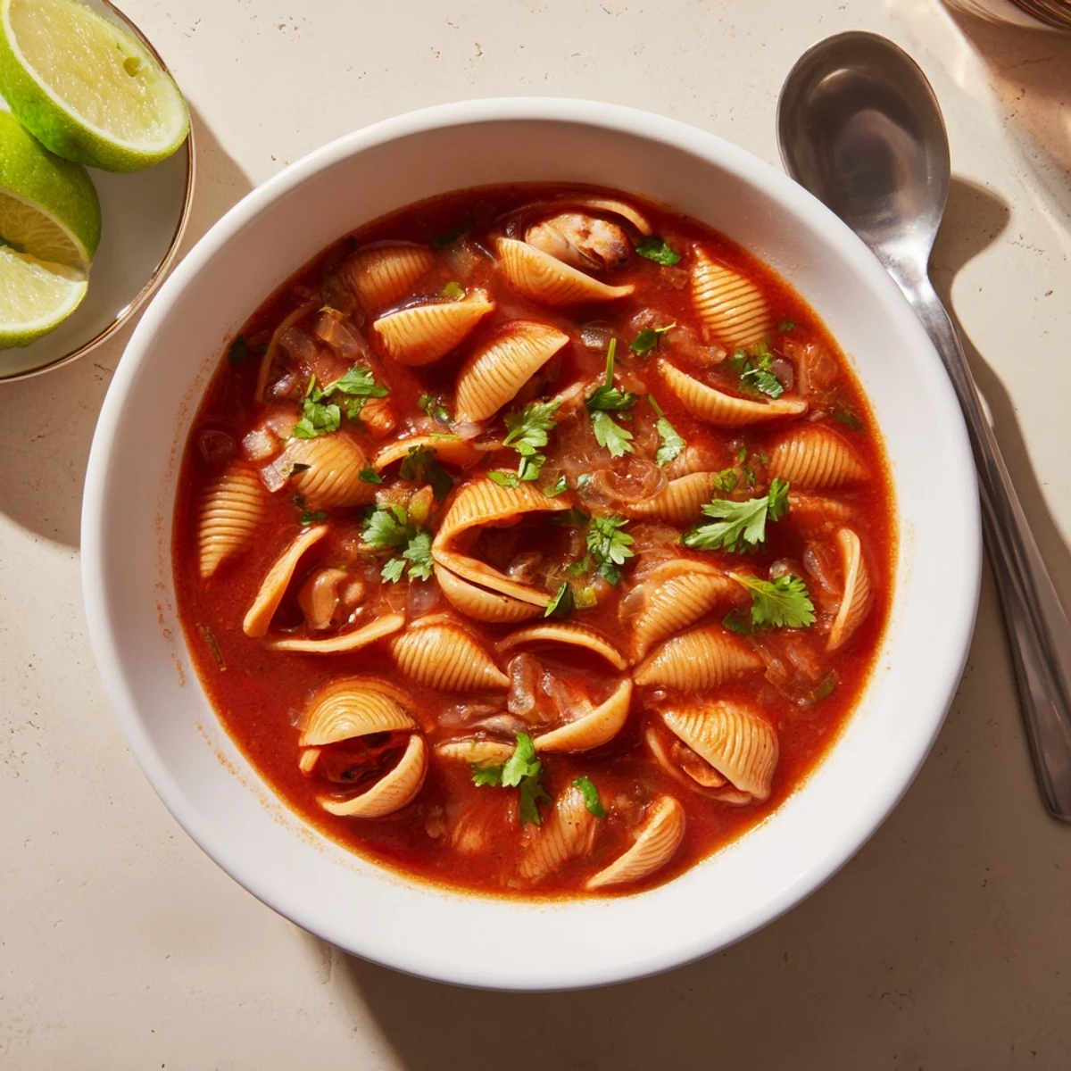 Sopa de conchas served in a deep bowl with lime wedges and crusty bread nearby