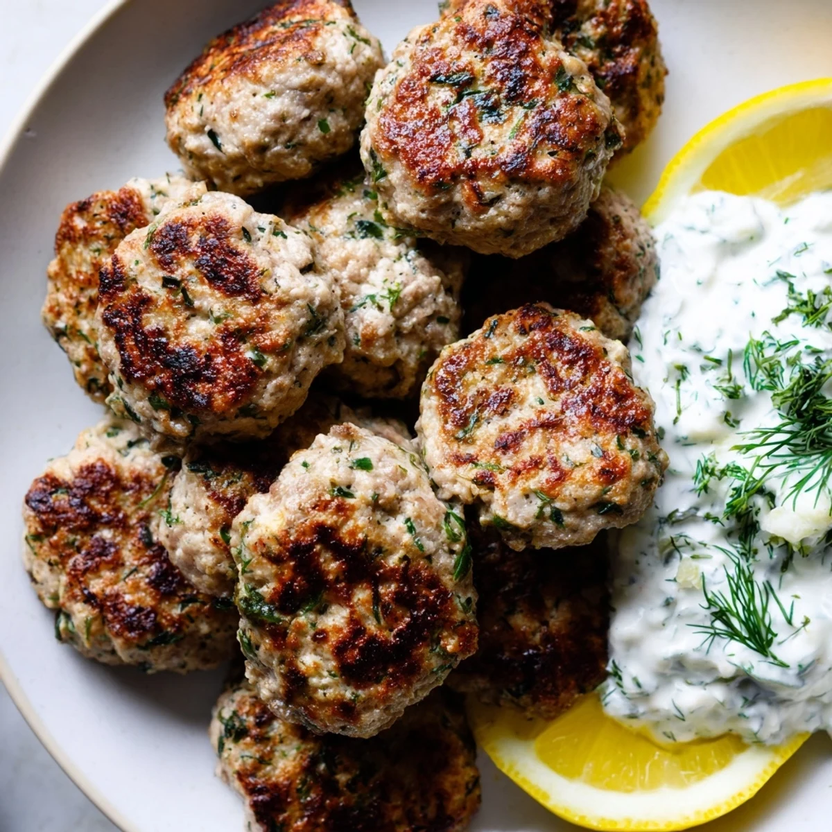 Juicy herb-seasoned Greek turkey meatballs drizzled with olive oil and fresh lemon