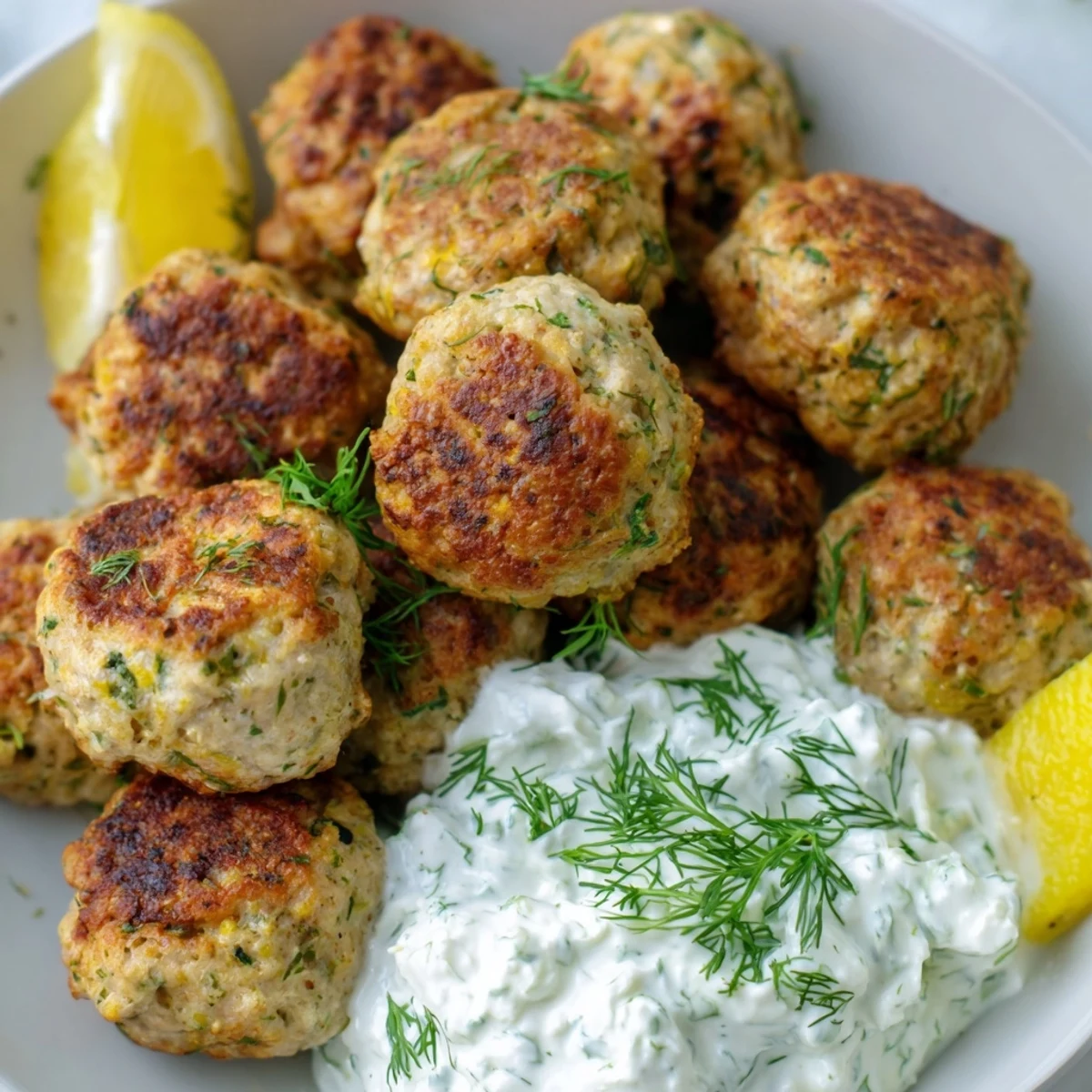 Golden Greek turkey meatballs nestled beside a bowl of cool, creamy tzatziki sauce