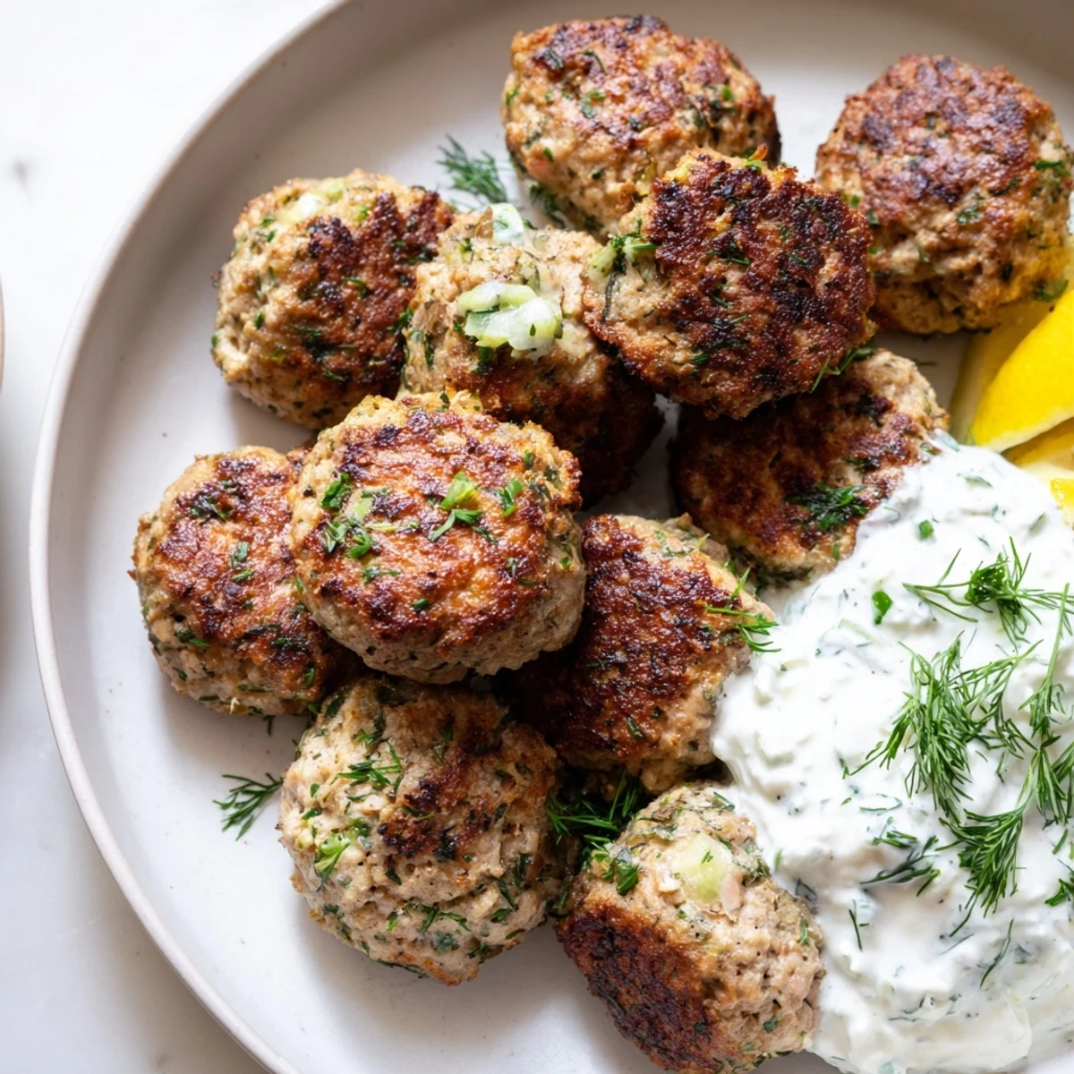Crispy-skinned Greek turkey meatballs arranged on a platter with vibrant green herbs
