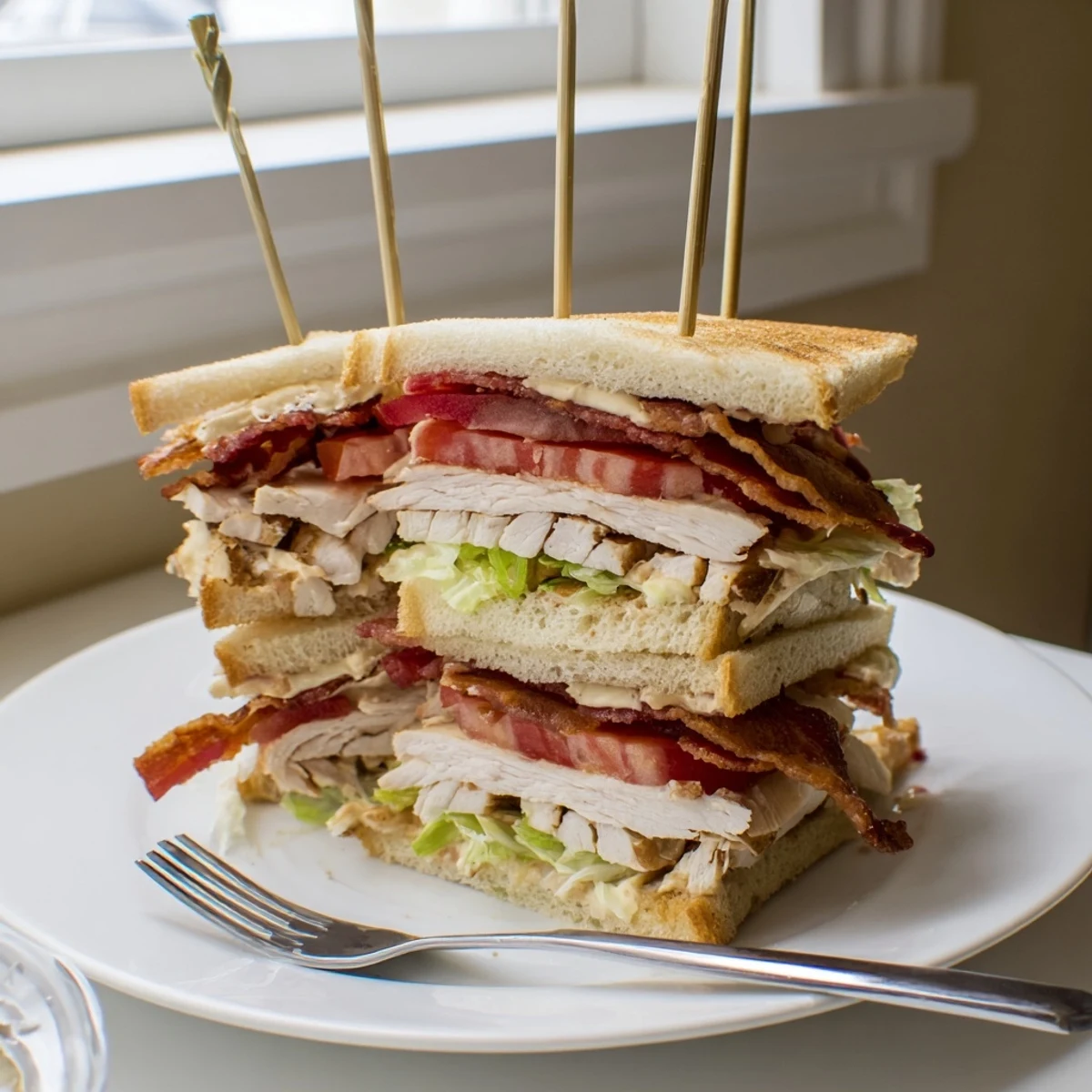 Club sandwich stacked with crispy bacon, roasted chicken, lettuce, and tomato on toasted bread