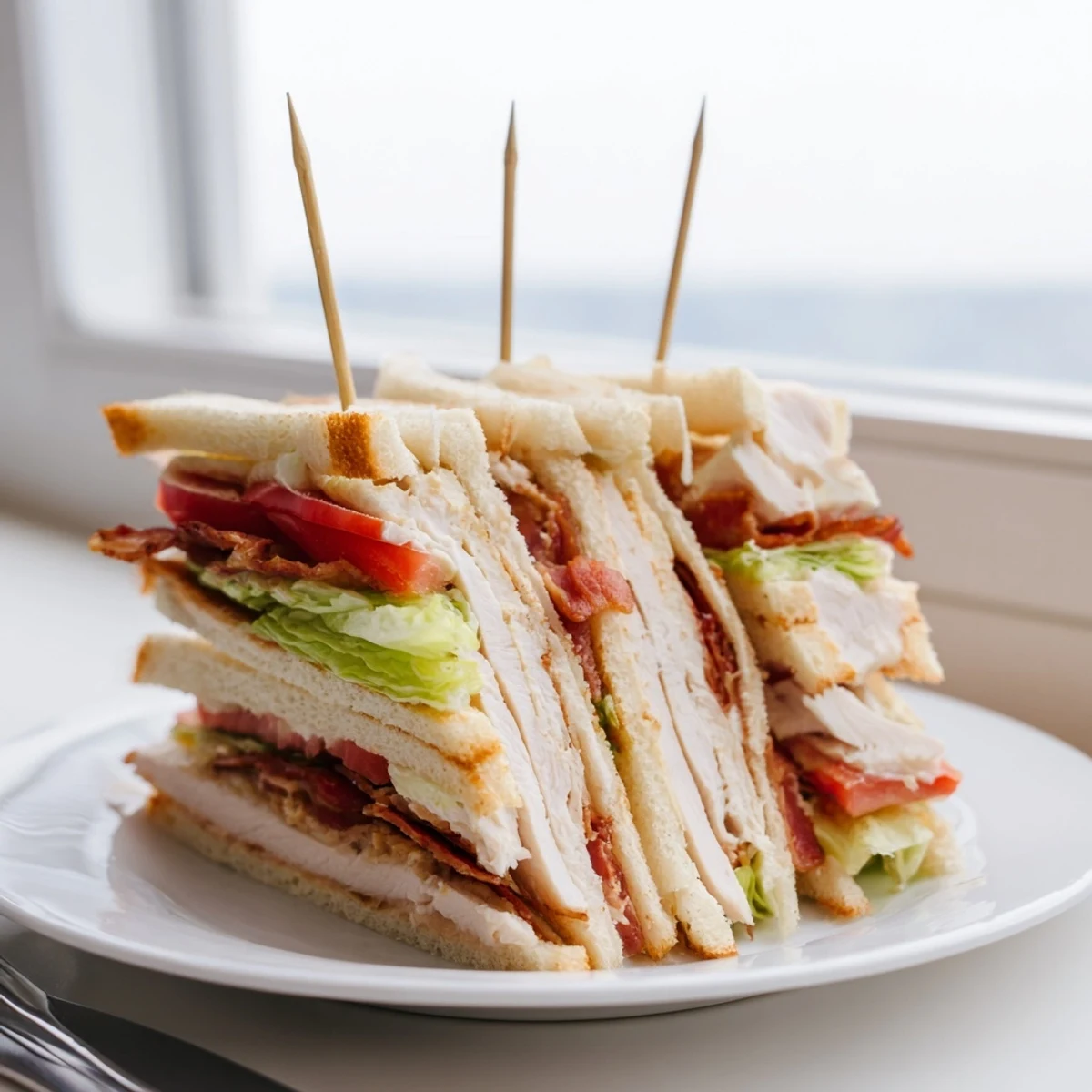 Triple-layered club sandwich cut into triangles with juicy tomatoes and creamy mayonnaise