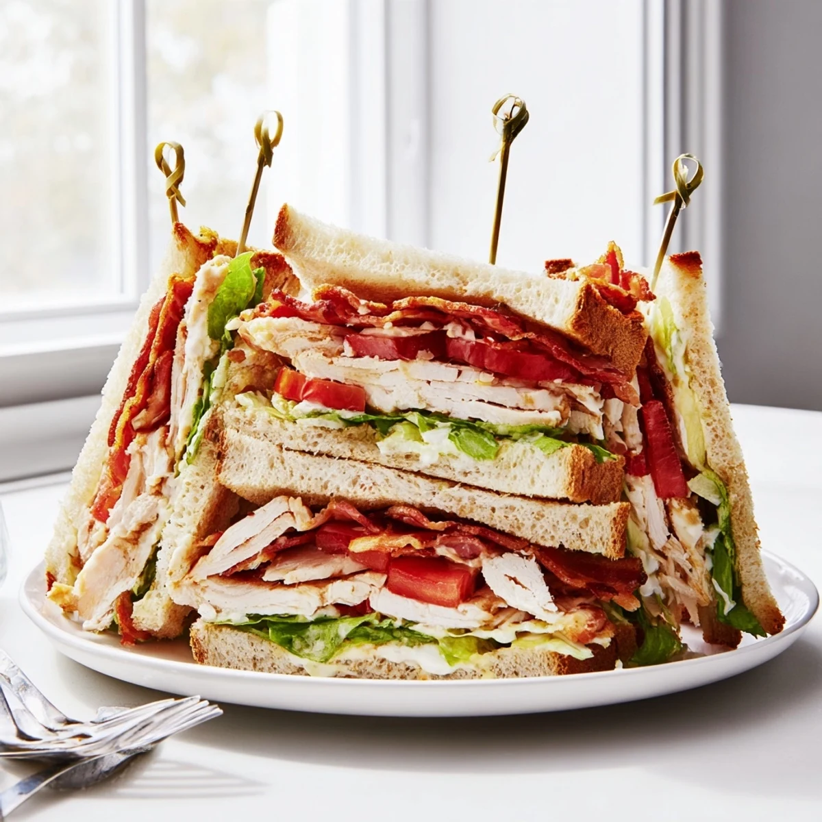 Classic club sandwich featuring golden toast, tender chicken, crunchy bacon, and fresh romaine lettuce