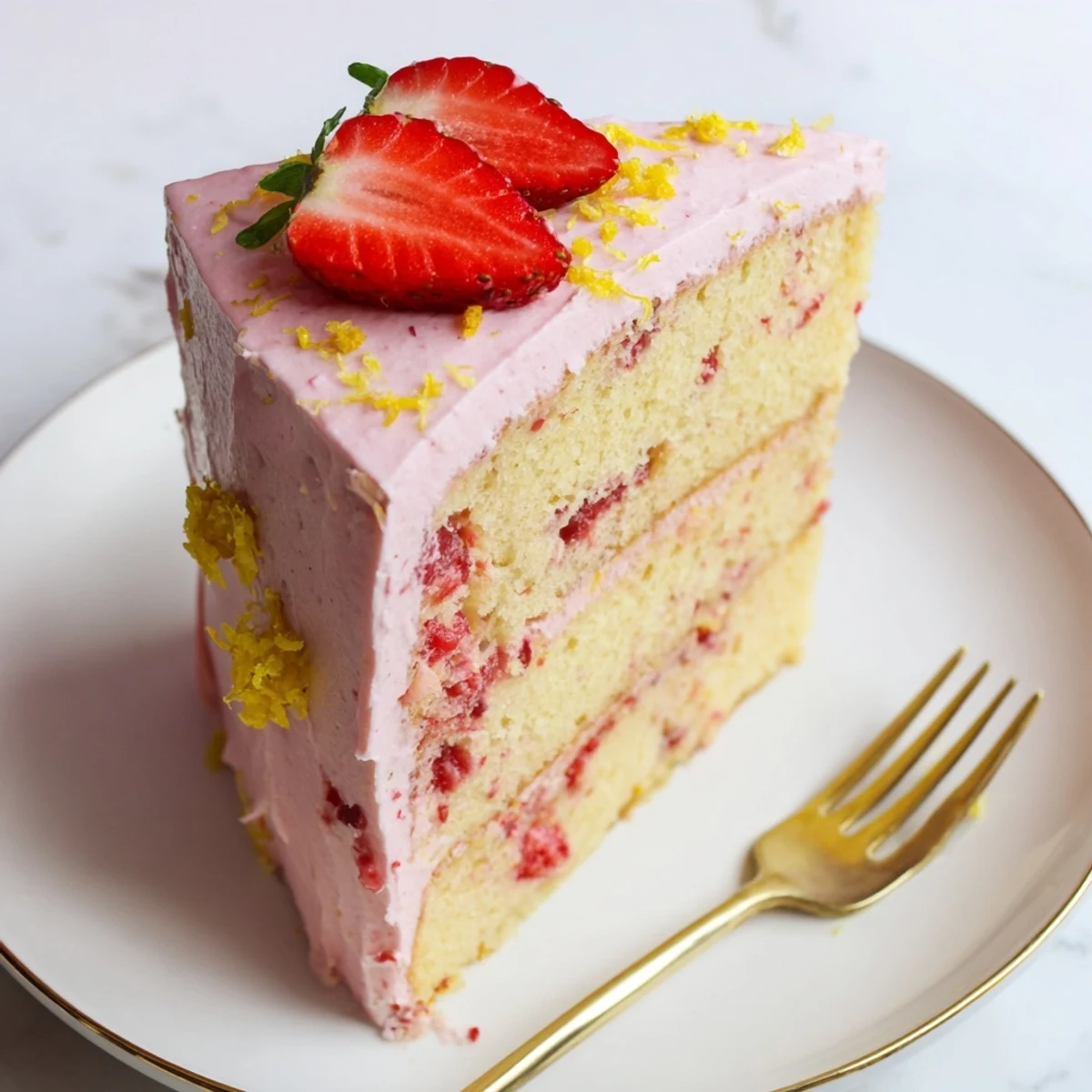 Slice of strawberry lemonade cake topped with fresh berries and tangy pink frosting on a white plate