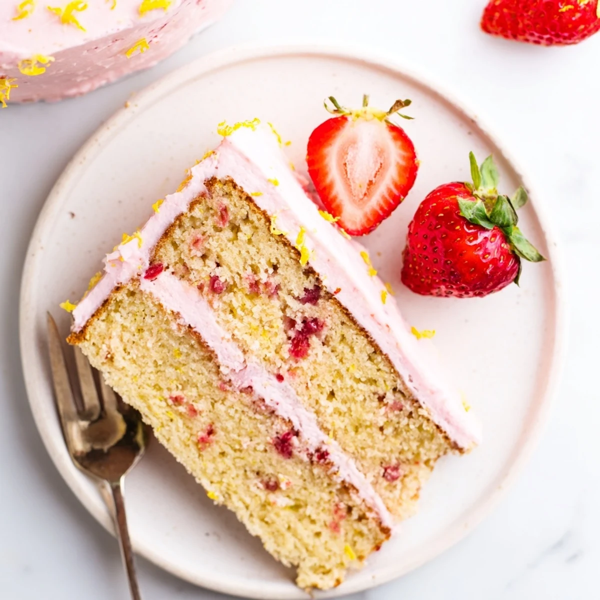 Homemade strawberry lemonade cake with two layers of moist lemon sponge and creamy strawberry frosting