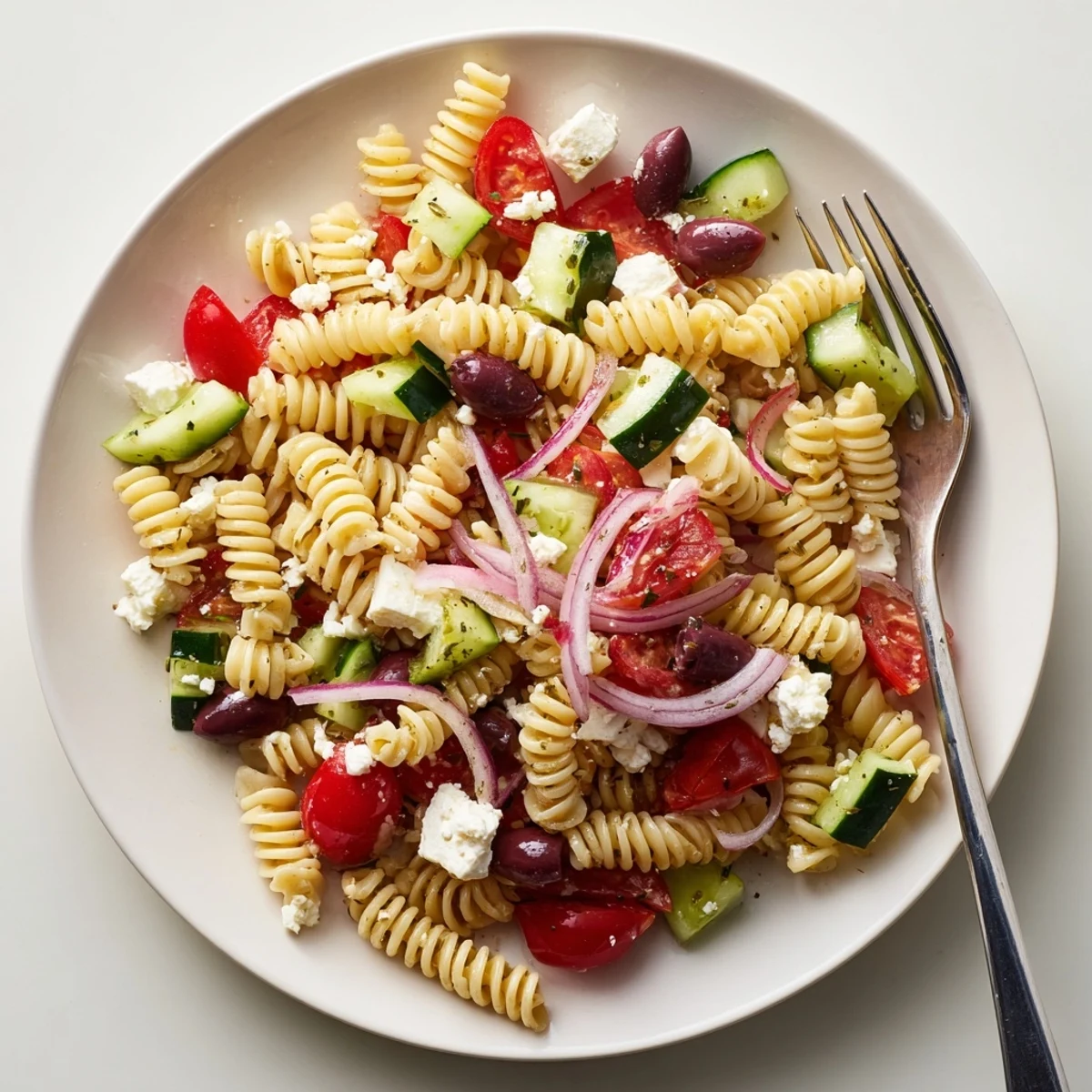 Colorful Greek Pasta Salad loaded with crunchy veggies, tangy feta, and briny olives