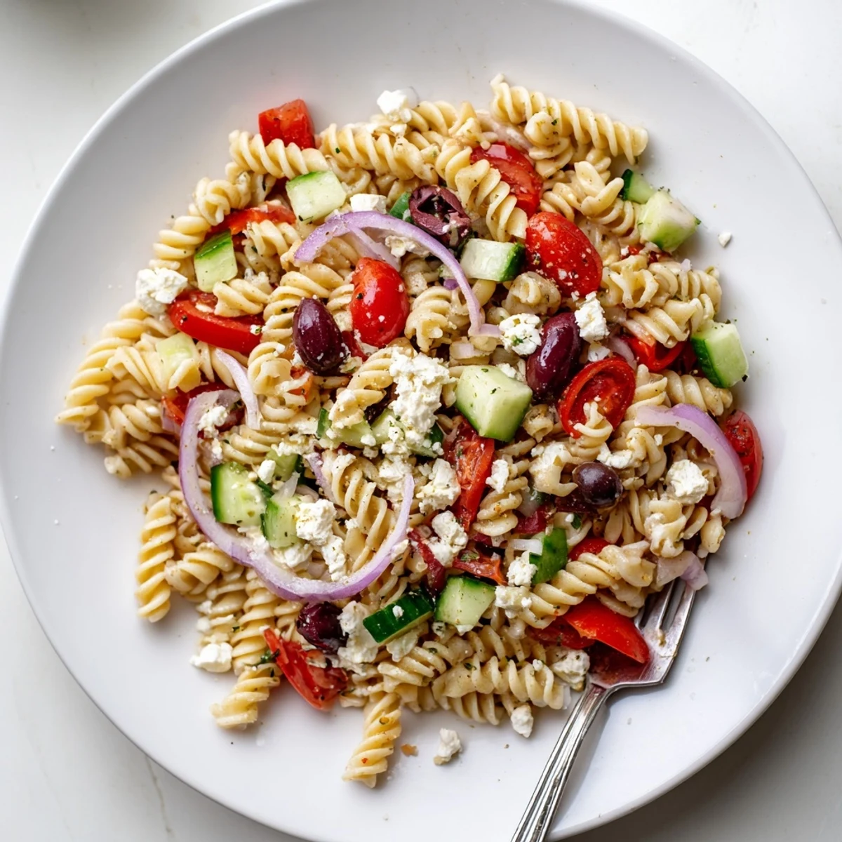 Chilled Greek Pasta Salad glistening with herbed vinaigrette in a rustic serving bowl