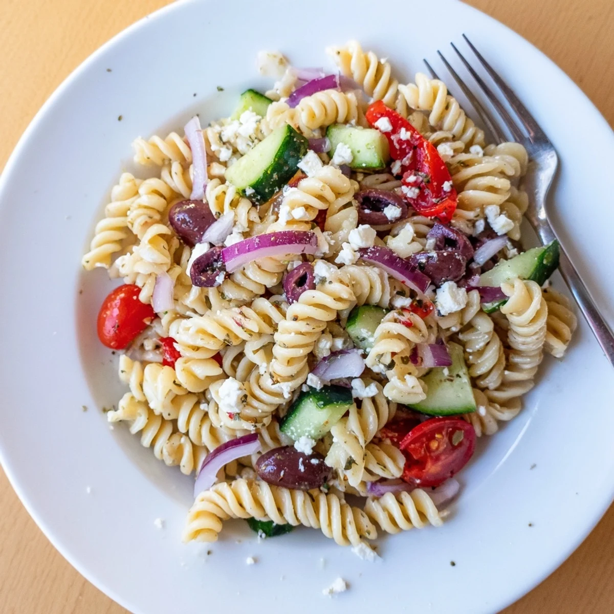 Creamy crumbled feta crowns a bright Greek Pasta Salad tossed with crisp cucumbers