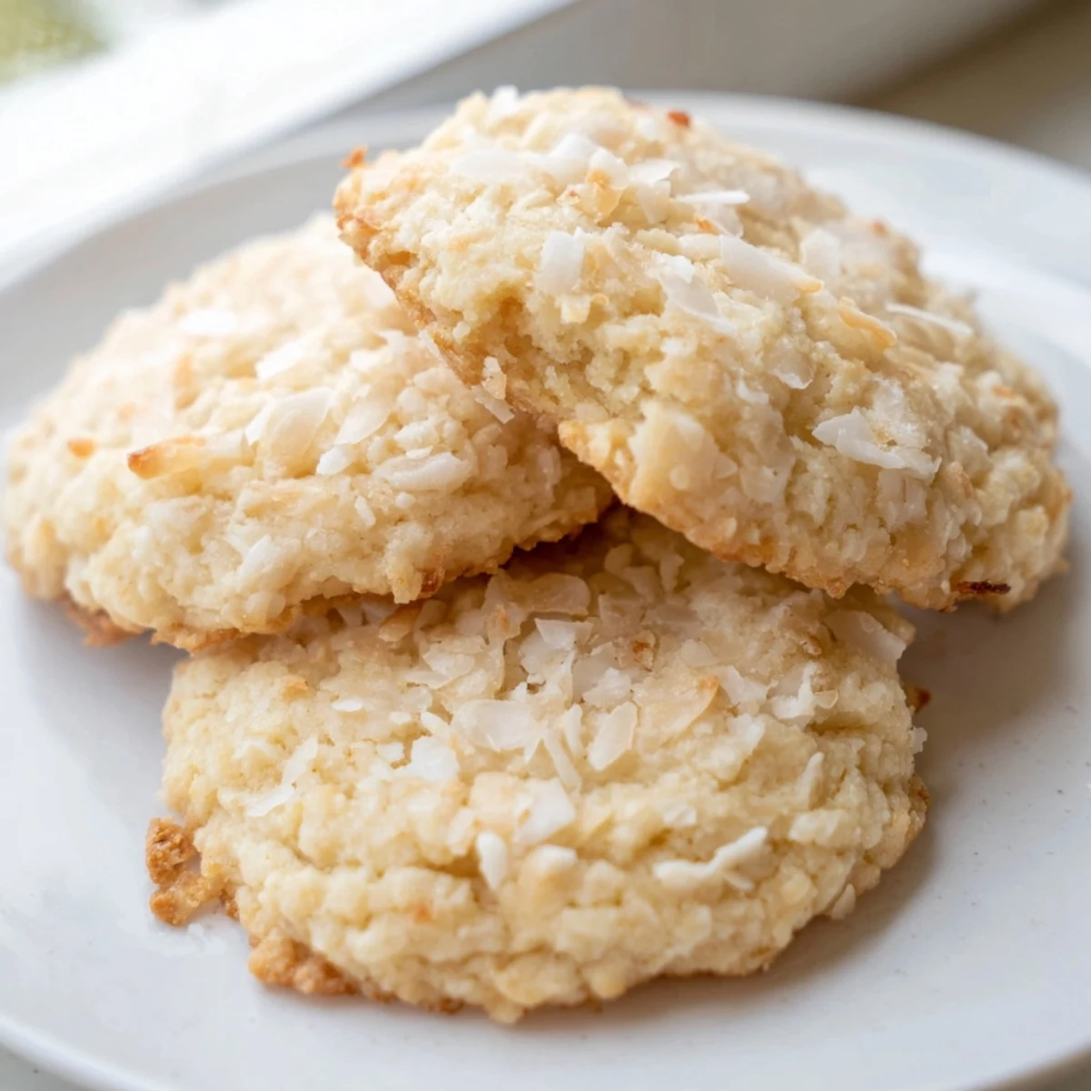 Golden soft and buttery coconut cookies arranged on a rustic parchment-lined baking sheet