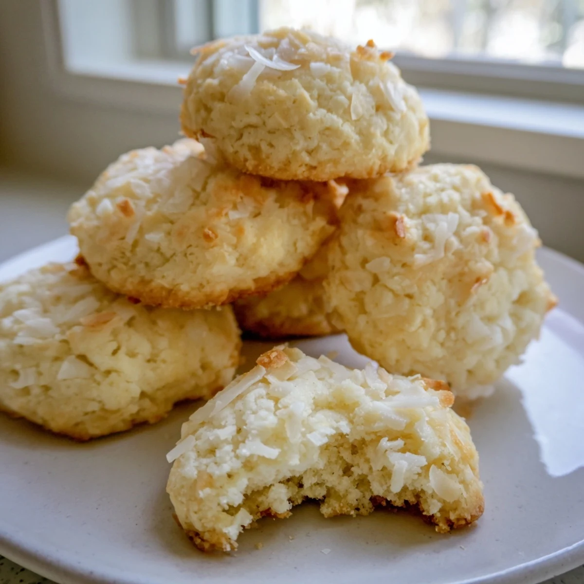 Soft and buttery coconut cookies stacked on a plate beside a steaming mug