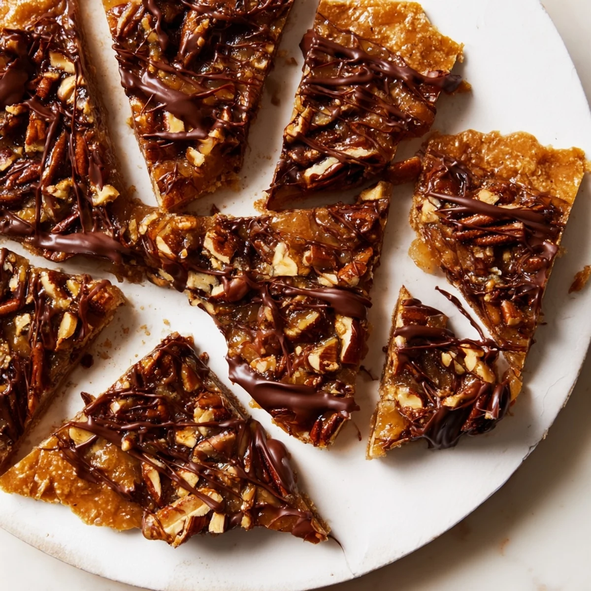 Golden pecan pie bark with caramelized topping drizzled in rich dark chocolate