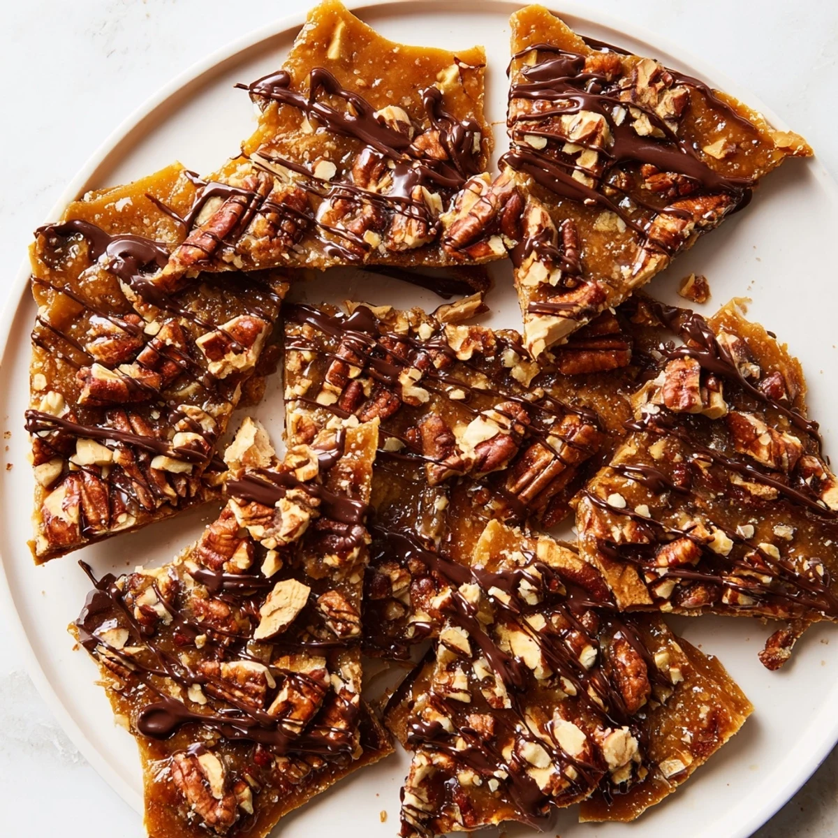 Crunchy buttery pecan pie bark broken into irresistible holiday snack pieces