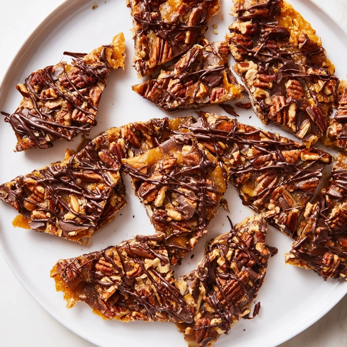 Homemade pecan pie bark topped with toasted nuts and sweet maple glaze