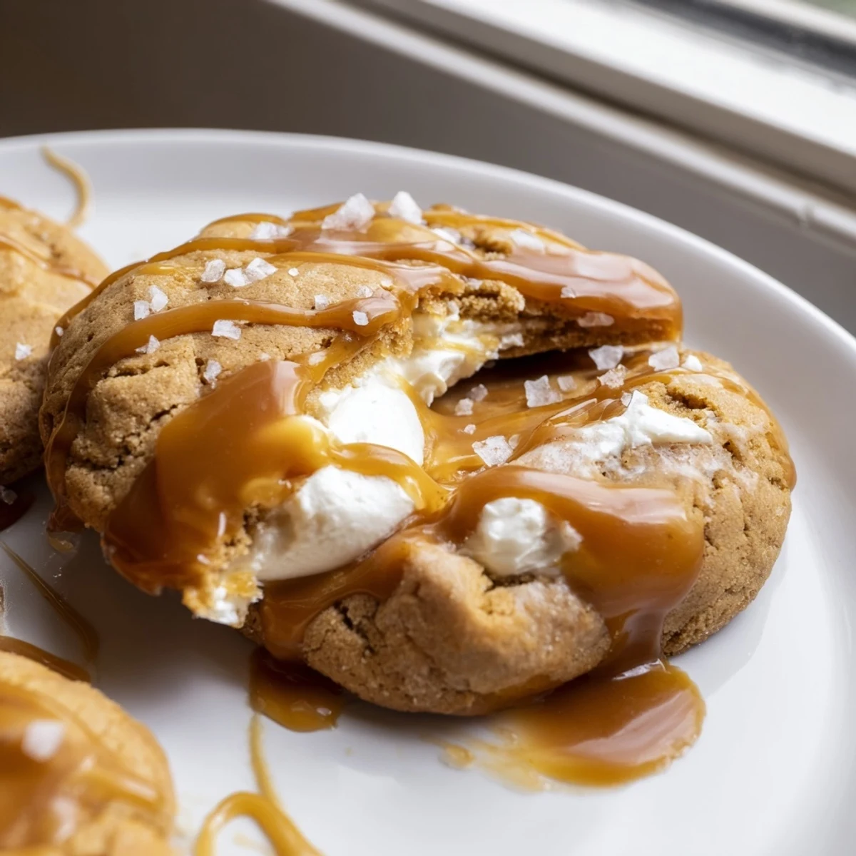 Golden caramel cheesecake cookies drizzled with gooey caramel on a parchment-lined baking sheet