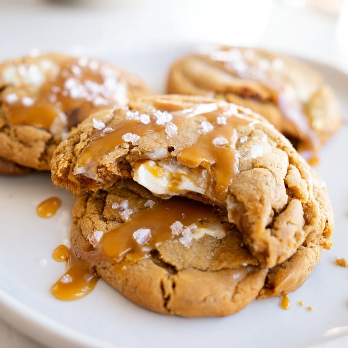 Chewy caramel cheesecake cookies topped with luscious caramel drizzle and flaky sea salt